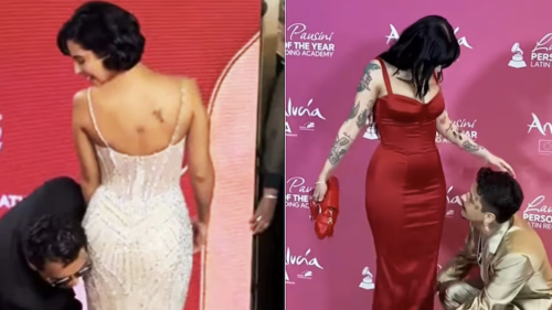 Christian Nodal arregla el vestido de  Cazzu y Ángela