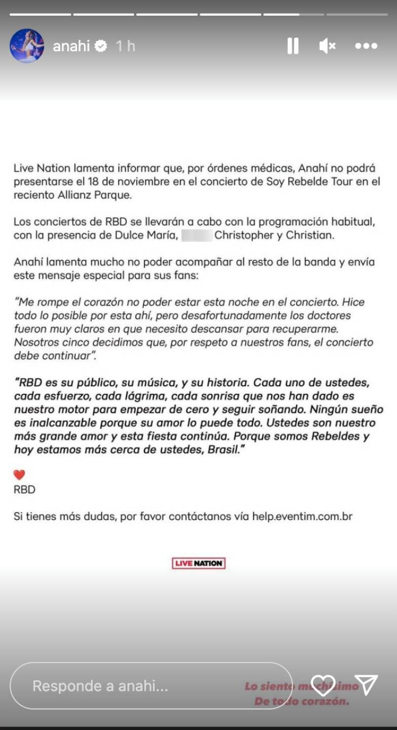 Anahí cancela concierto en brasil