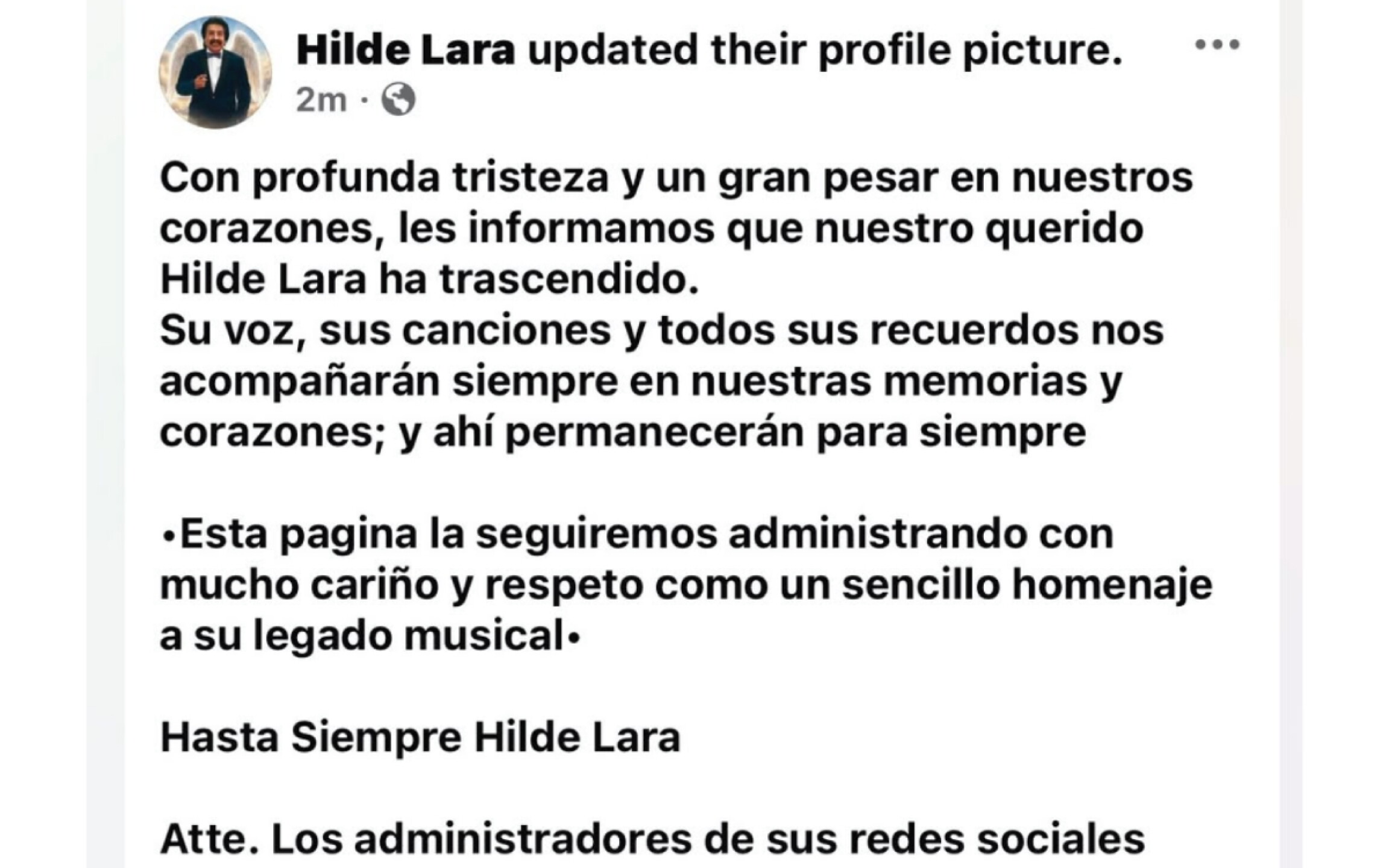 Comunicado sobre la muerte de Hilde Lara, cantante y fundador de Grupo Yndio