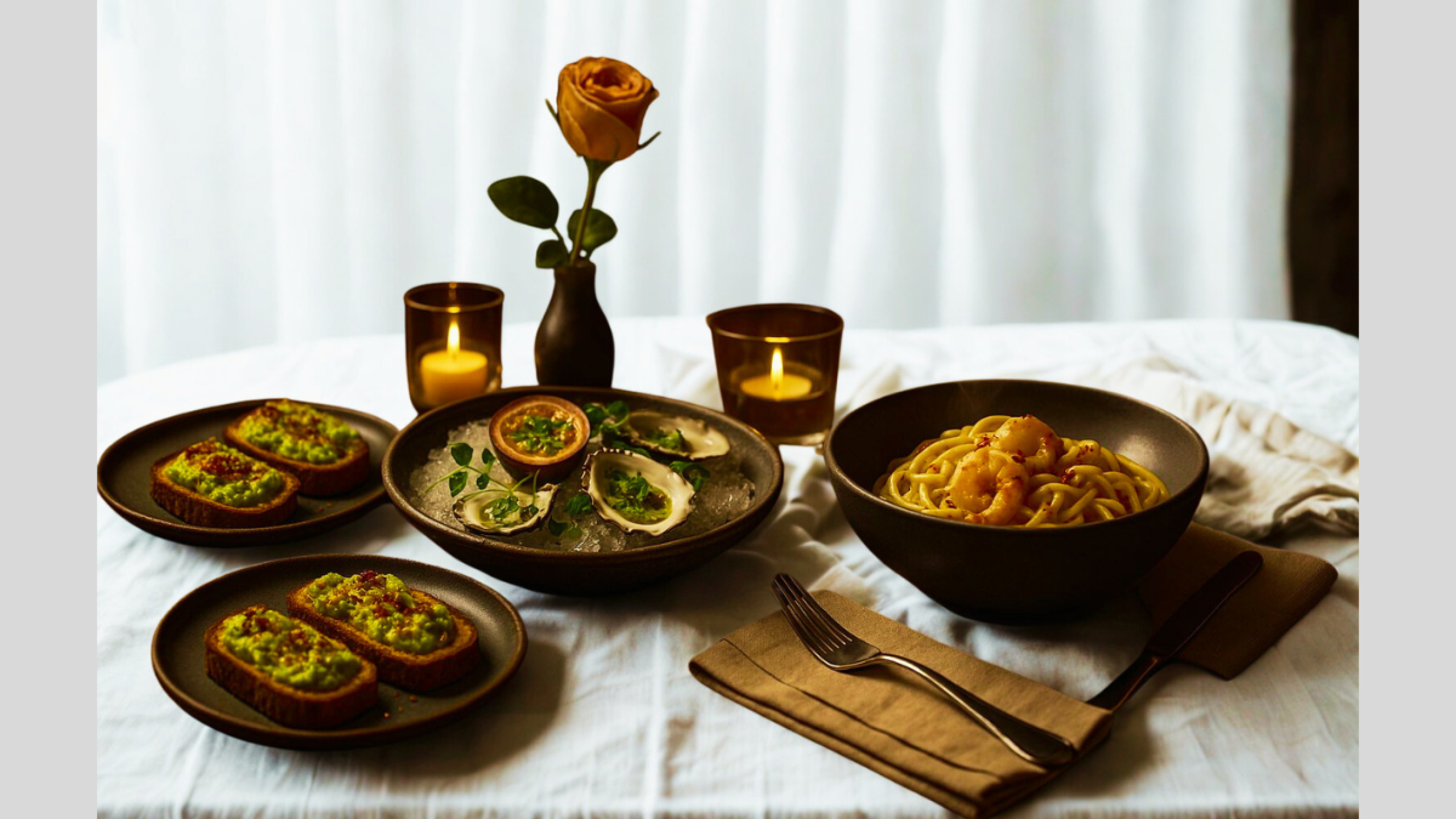 Cena romántica con pasta, ostiones con maracuyá y aguacate