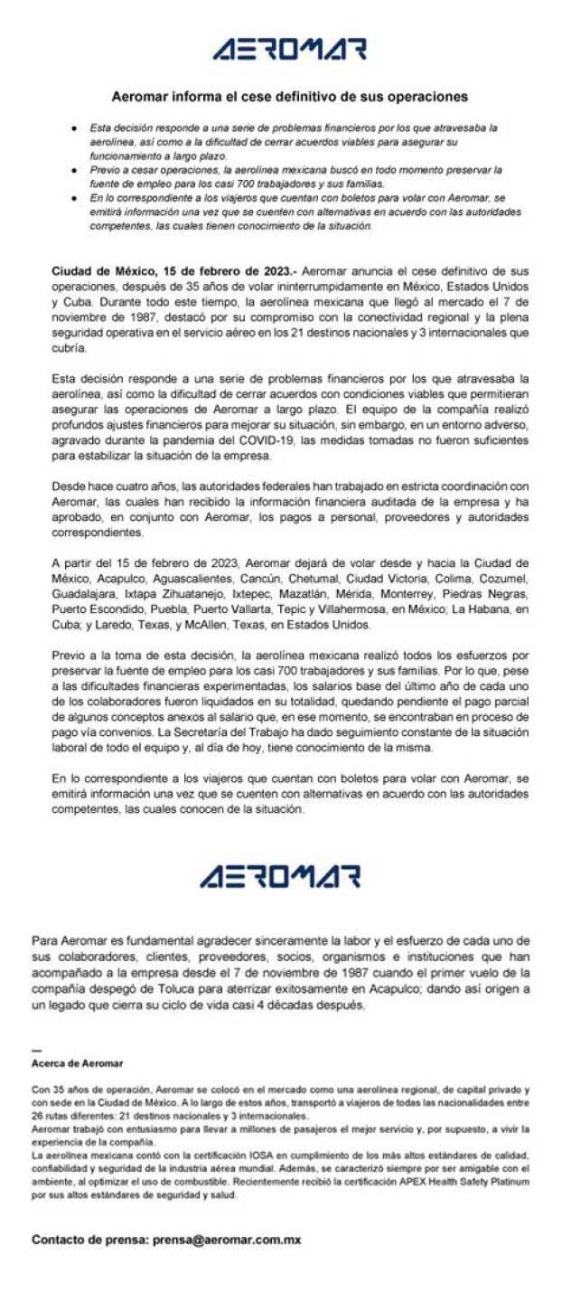 Aeromar anunció el cese de operaciones