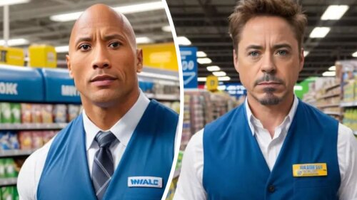 Dwayne Johnson y Robert Downey Jr como empleados de Walmart foto inteligencia artificial