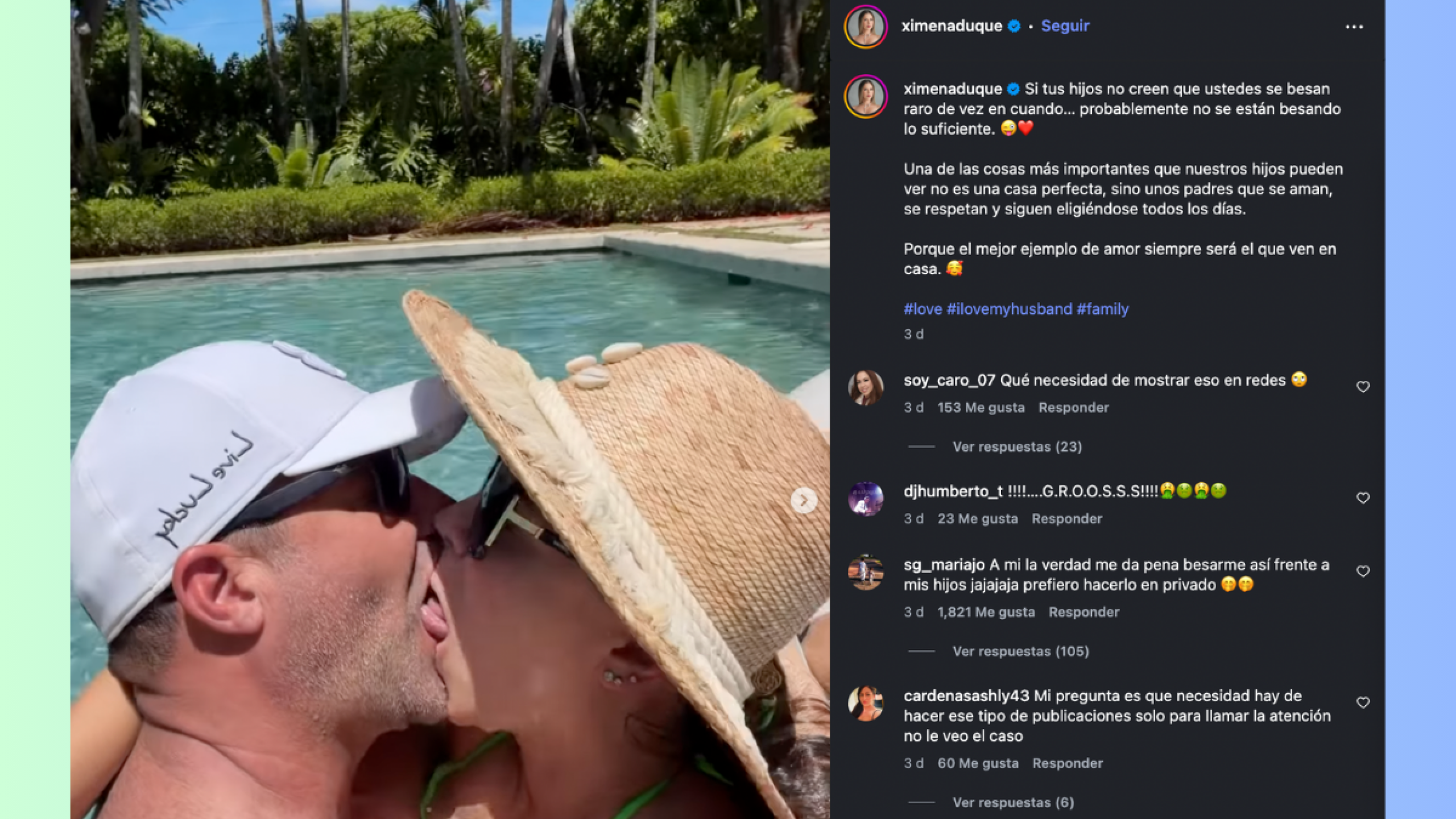 Ximena Duque y beso con su esposo causa polémica