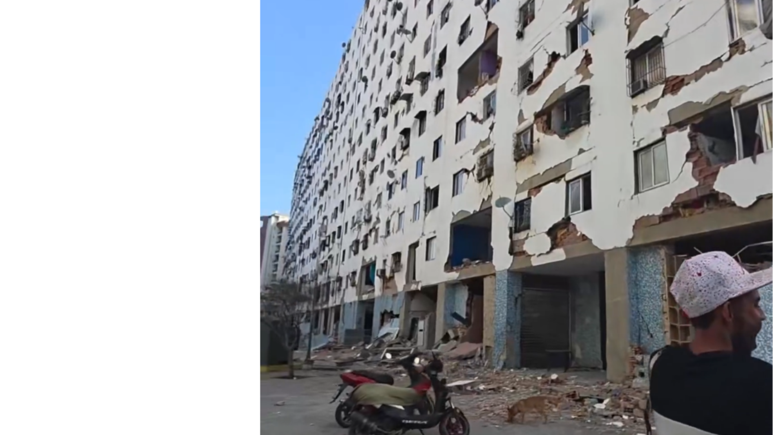 Edificios de Venezuela con daños visibles en la superficie, ventanas y ladrillos con ladrillos caídos. Doble terremoto.