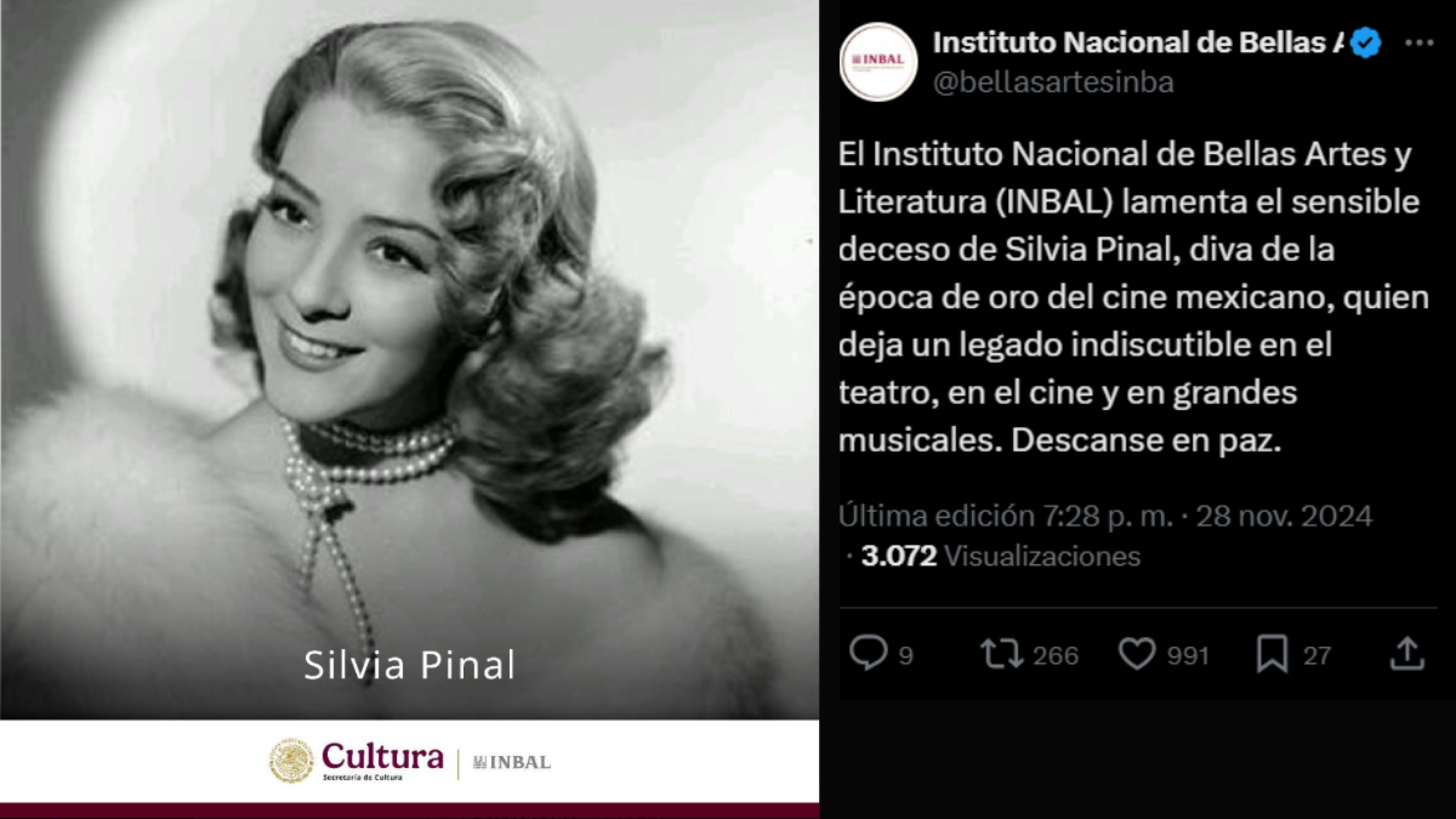 Silvia Pinal: mensaje del Instituto Nacional de Bellas Artes tras su muerte