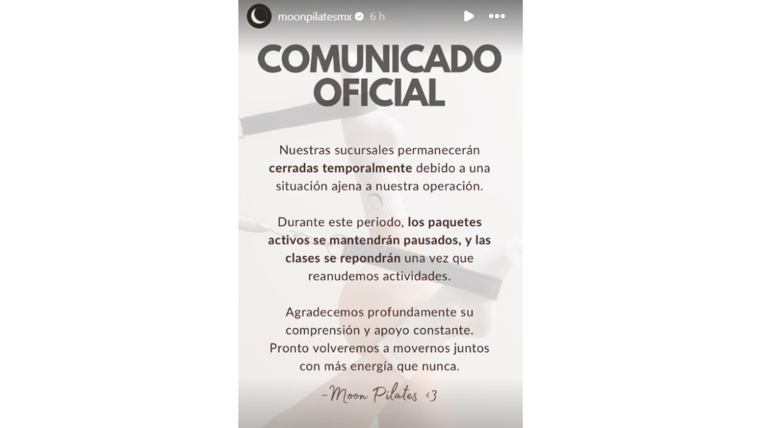 Comunicado de Moon Pilates, tras clausura