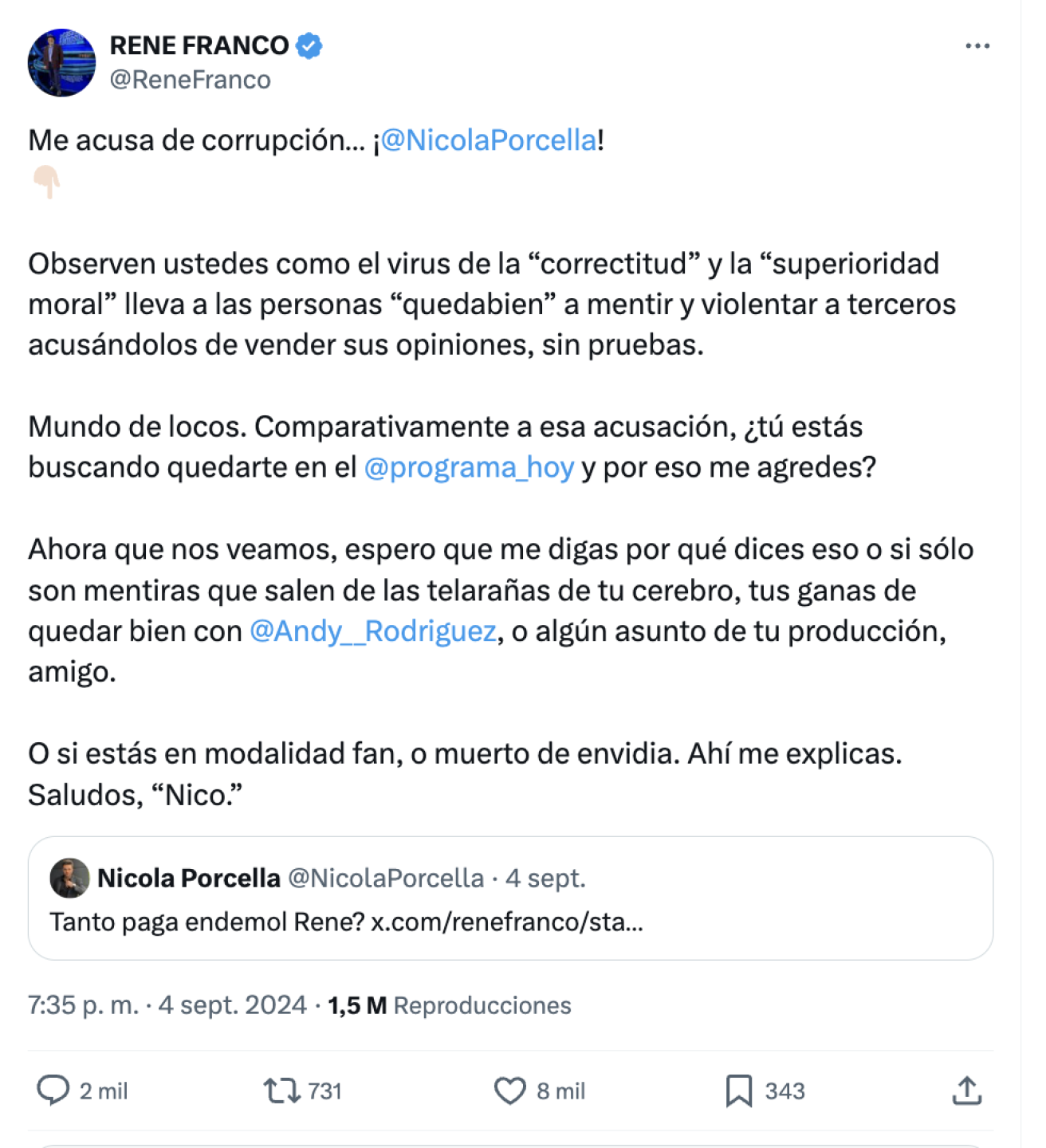 René Franco y Nicola Porcella comentarios en X
