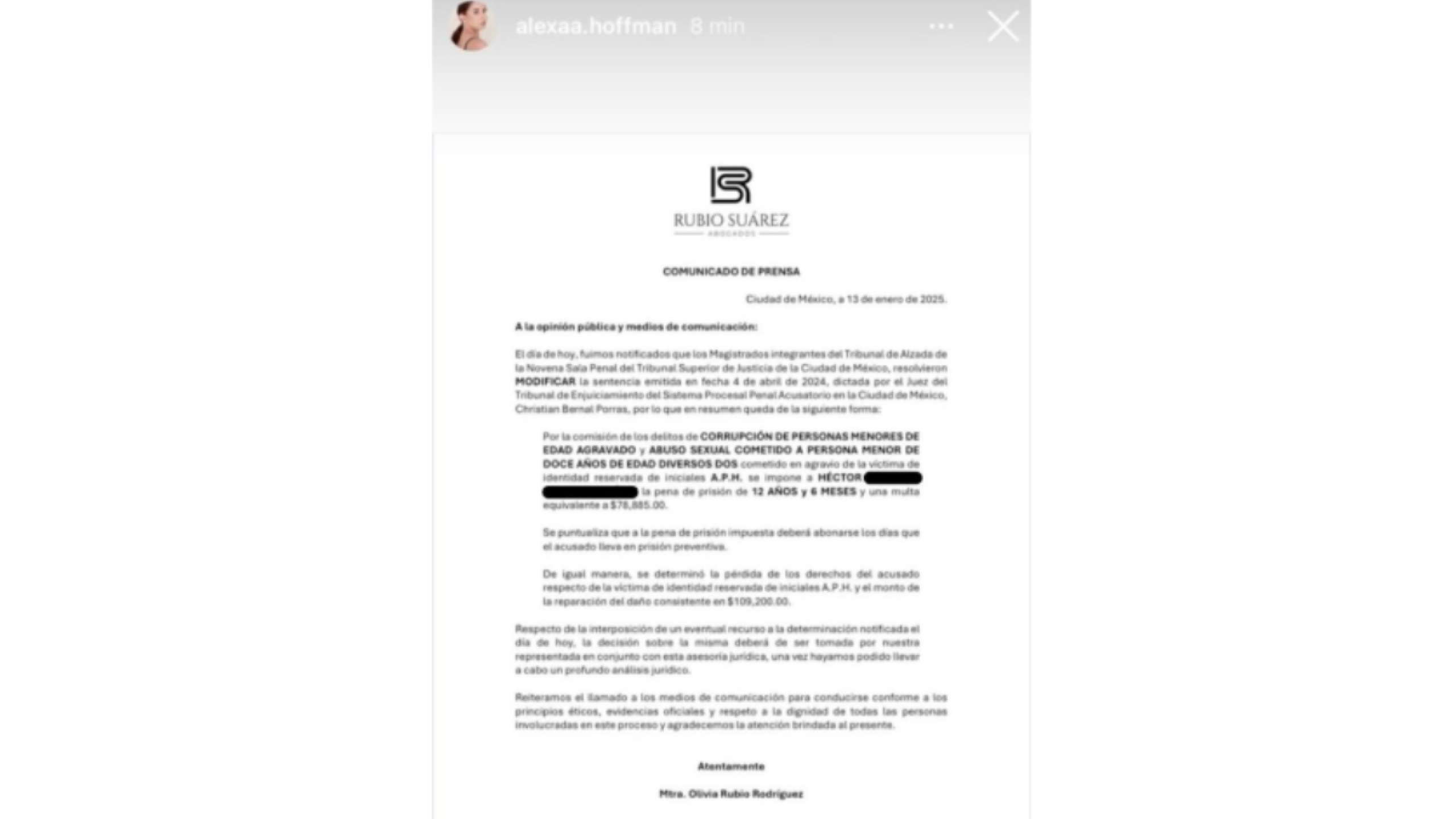 Alexa Hoffman sentencia Héctor Parra