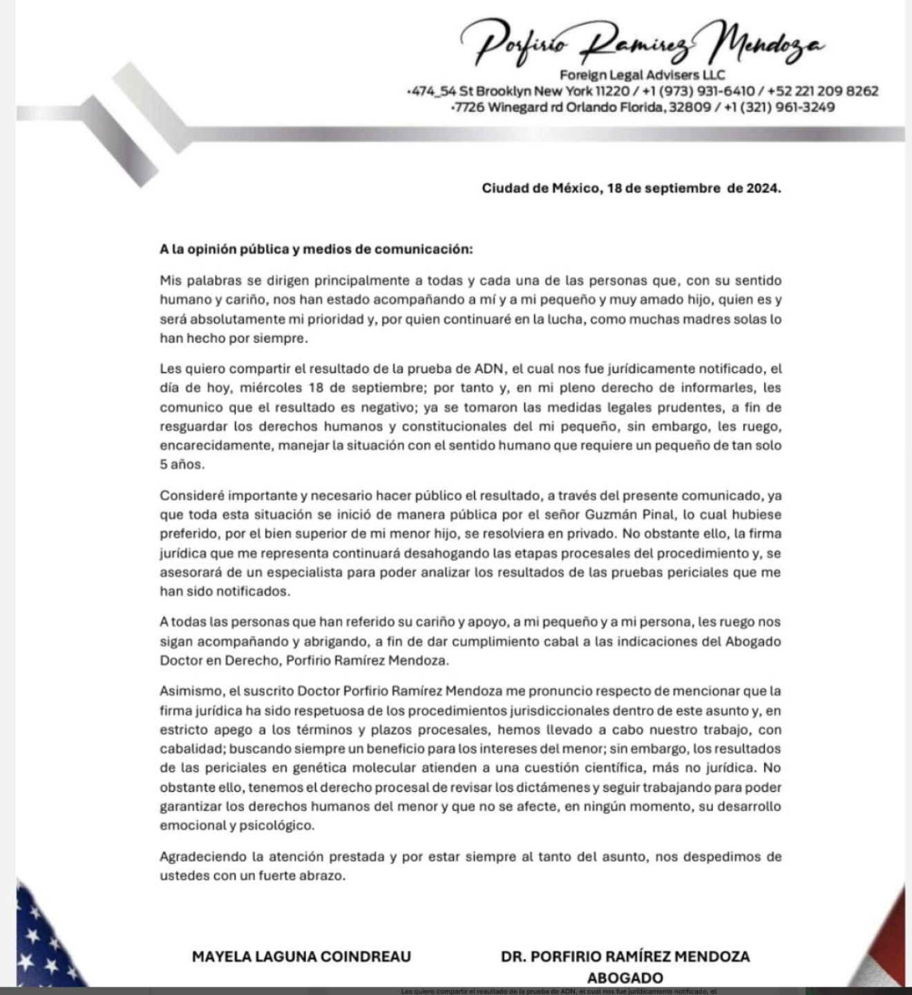 Comunicado prueba de ADN Mayela Laguna