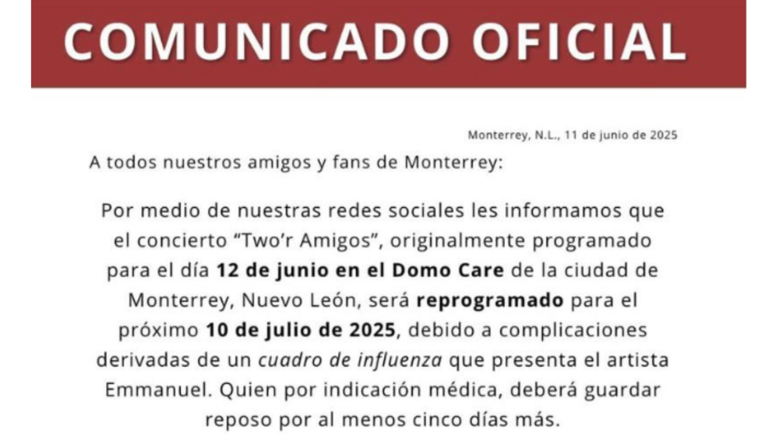 Emmanuel cancela concierto por problema de salud