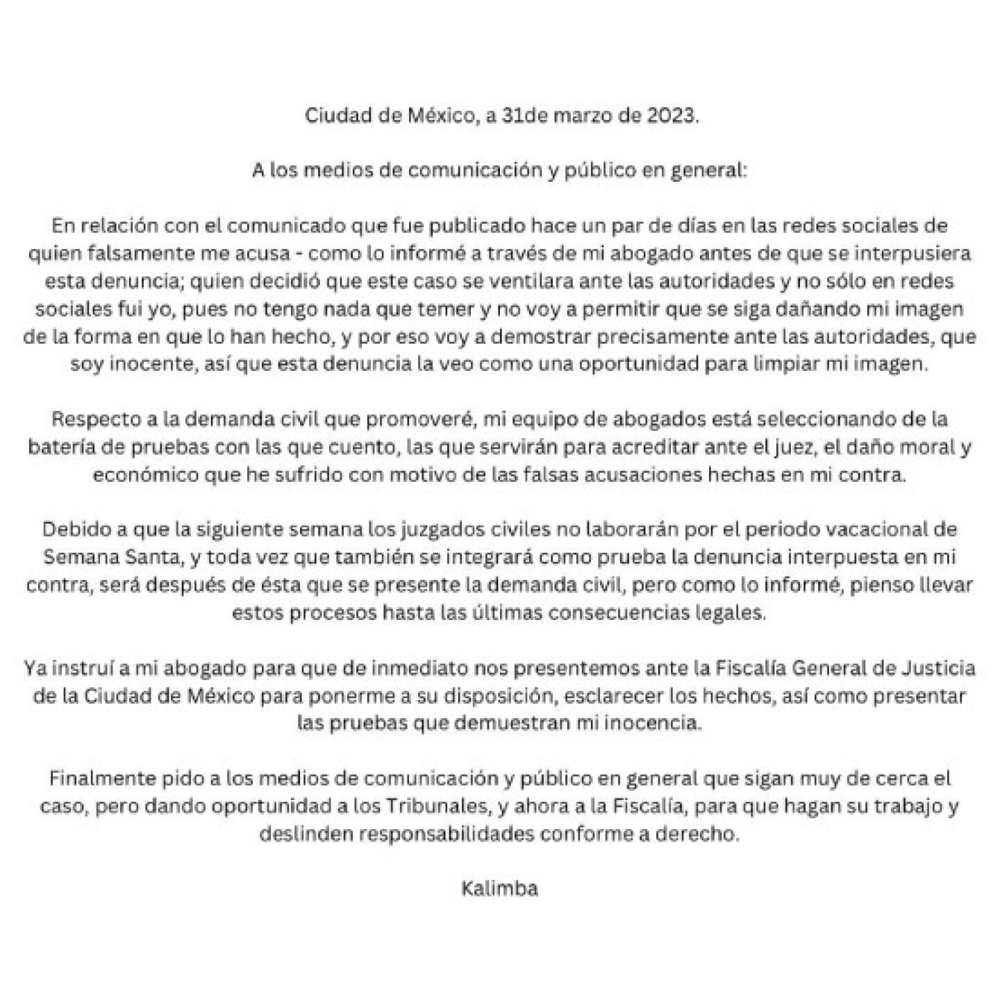 Nuevo comunicado de Kalimba