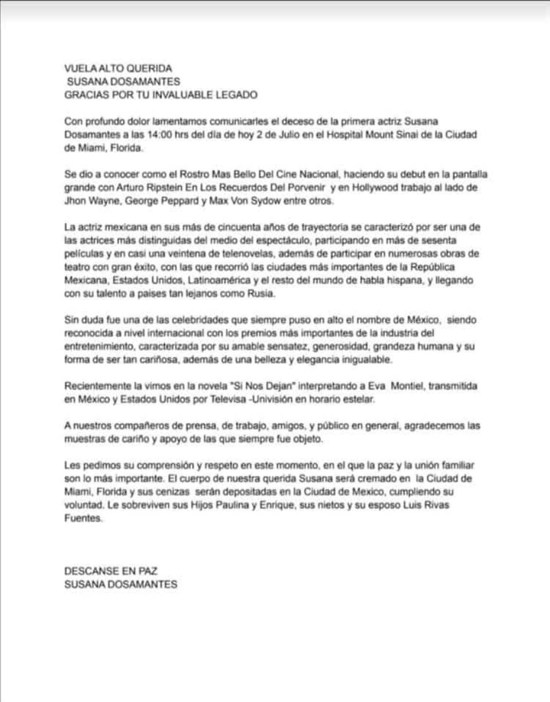 Esta es la última voluntad de Susana Dosamantes