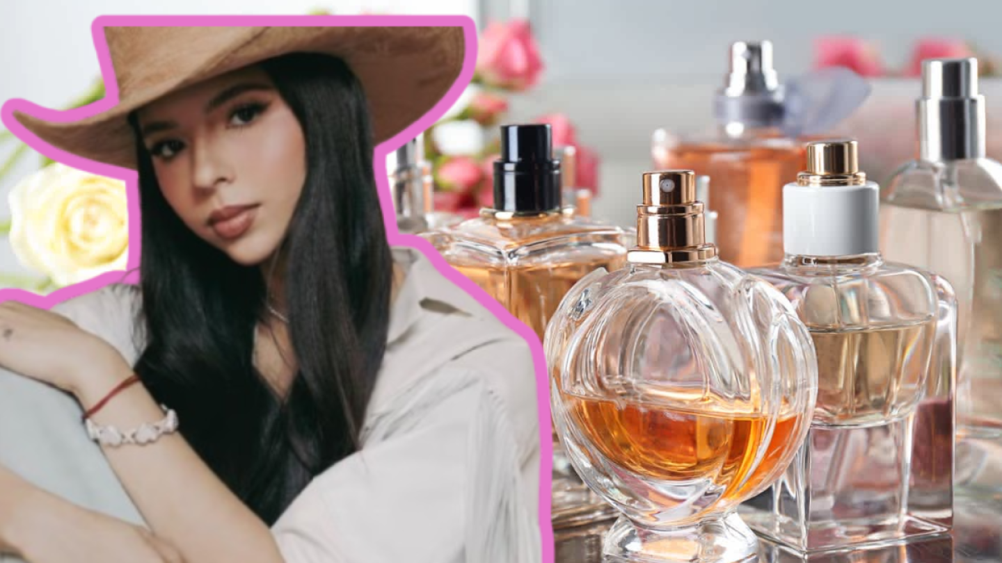 Ángela Aguilar fondo con perfumes