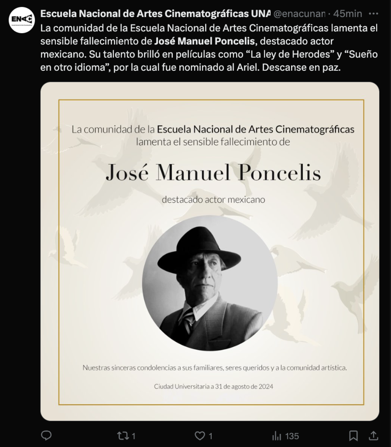 Muere José Manuel Poncelis, actor de ‘Sueño en otro idioma’ y ‘La ley de Herodes’