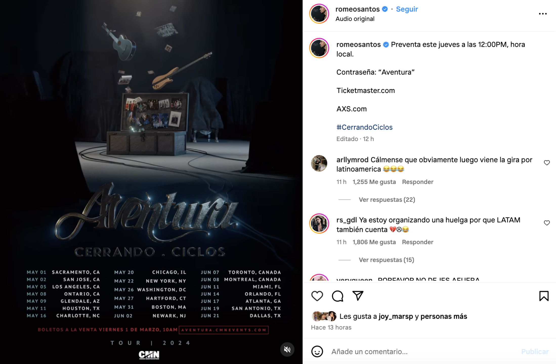 Romeo Santos y Aventura anuncian gira para este 2024