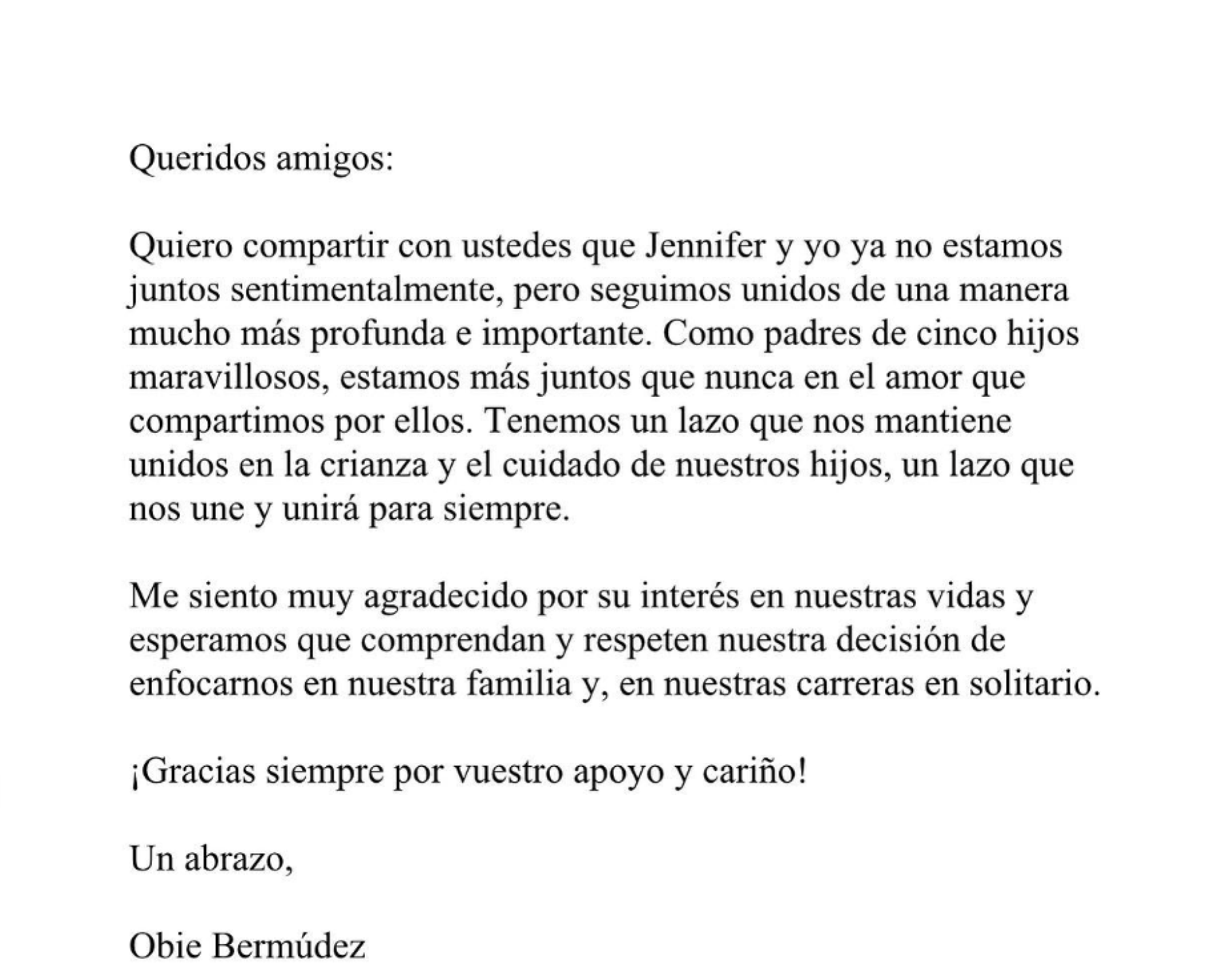 Obie Bermúdez confirma separación con Jennifer Peña luego de más de 15 años de casados