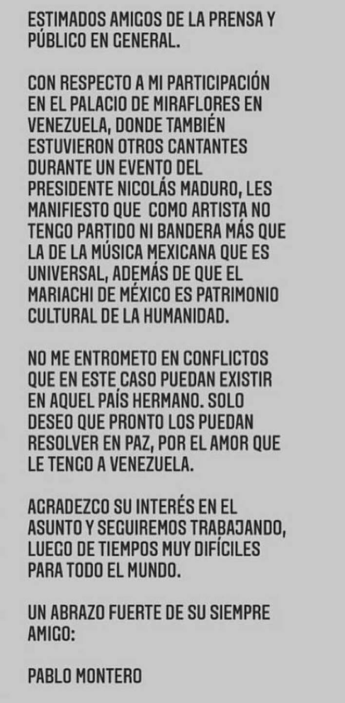 Pablo Montero habla sobre su show a Maduro