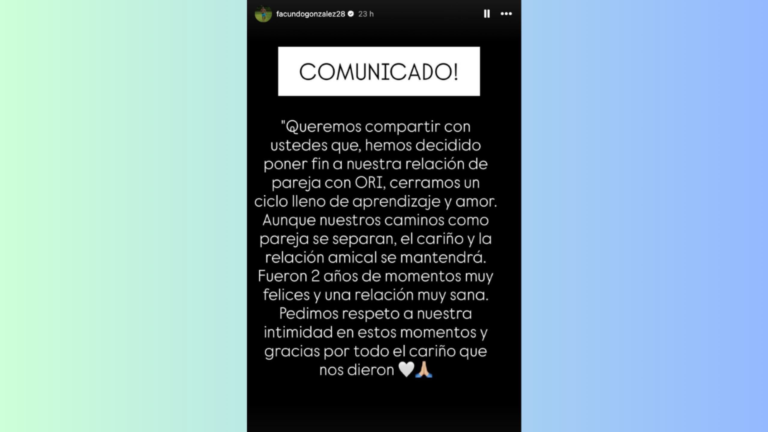 Facundo González confirma fin de relación con Oriana Marzoli