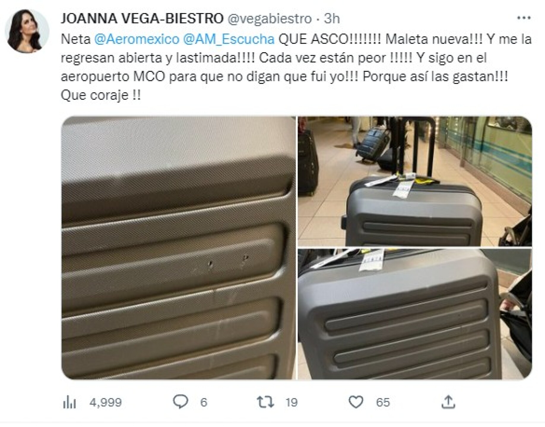 Joanna Vega-Biestro estalla contra aerolínea tras denunciar que su maleta fue abierta y maltratada