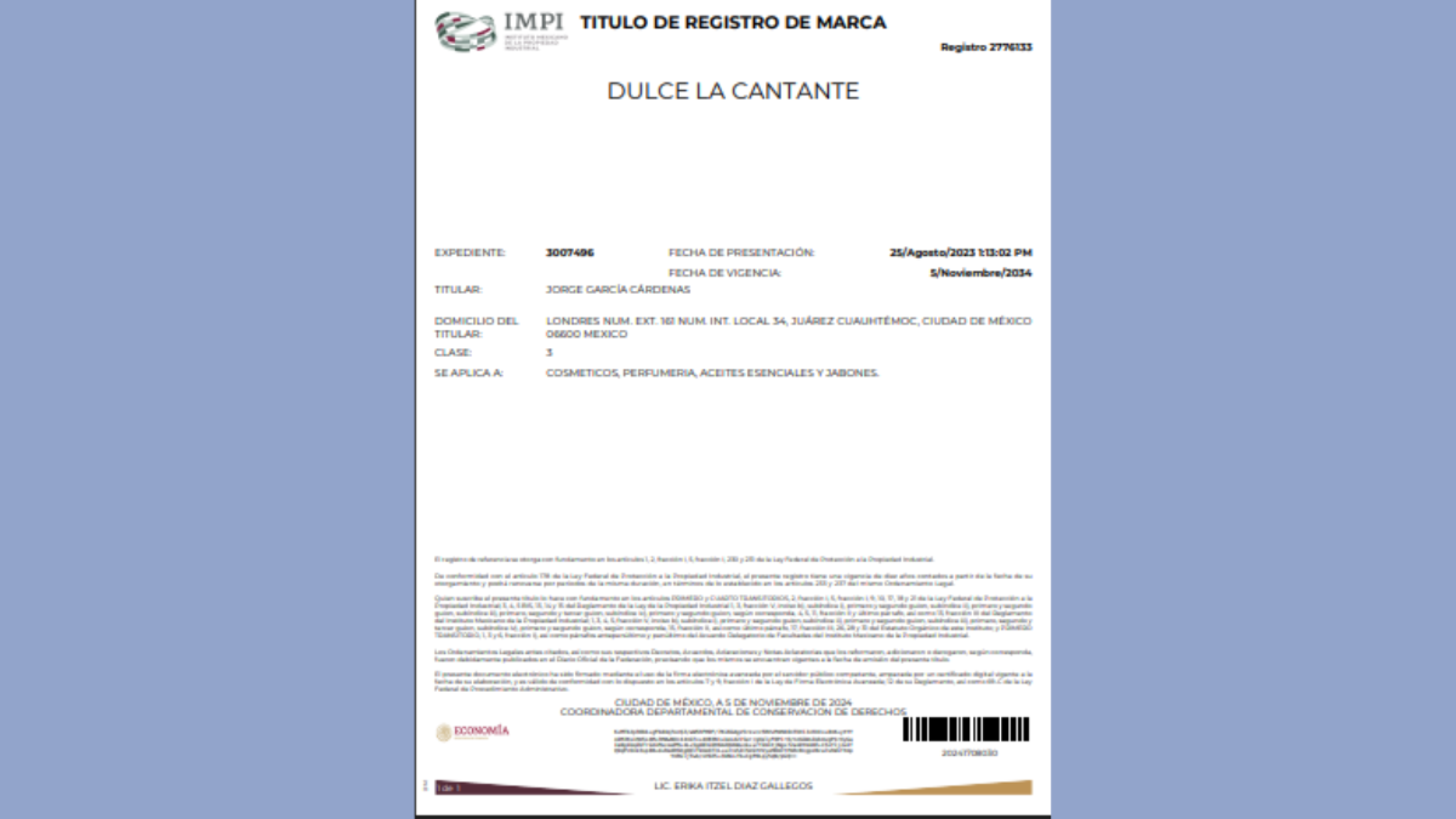 Registro de marca por el IMPI, "Dulce la cantante"