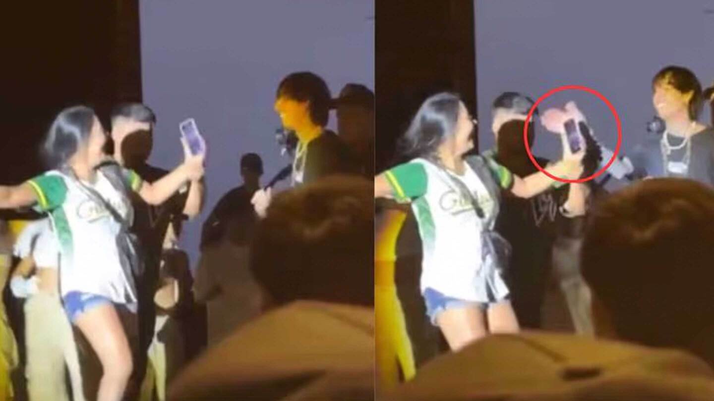 Natanael Cano tira el celular de una fan que subió al escenario ¿Bad Bunny eres tu?
