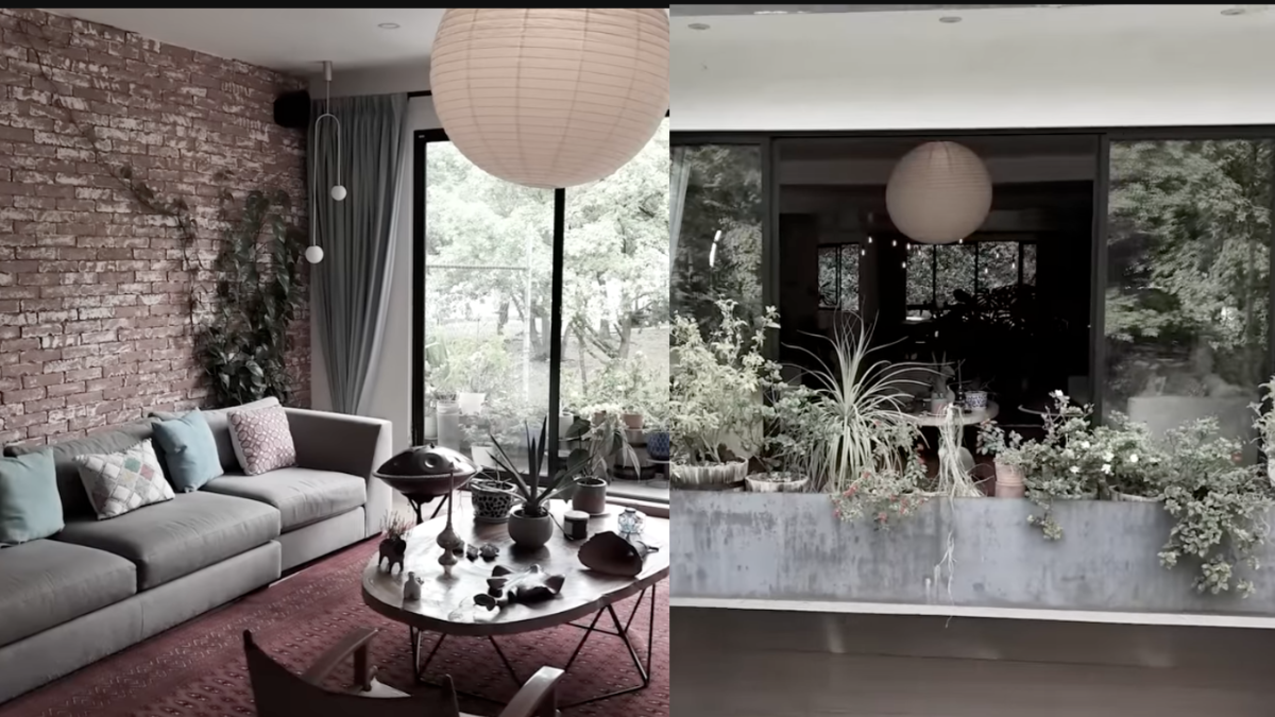 Sala principal con chimenea y cine en casa