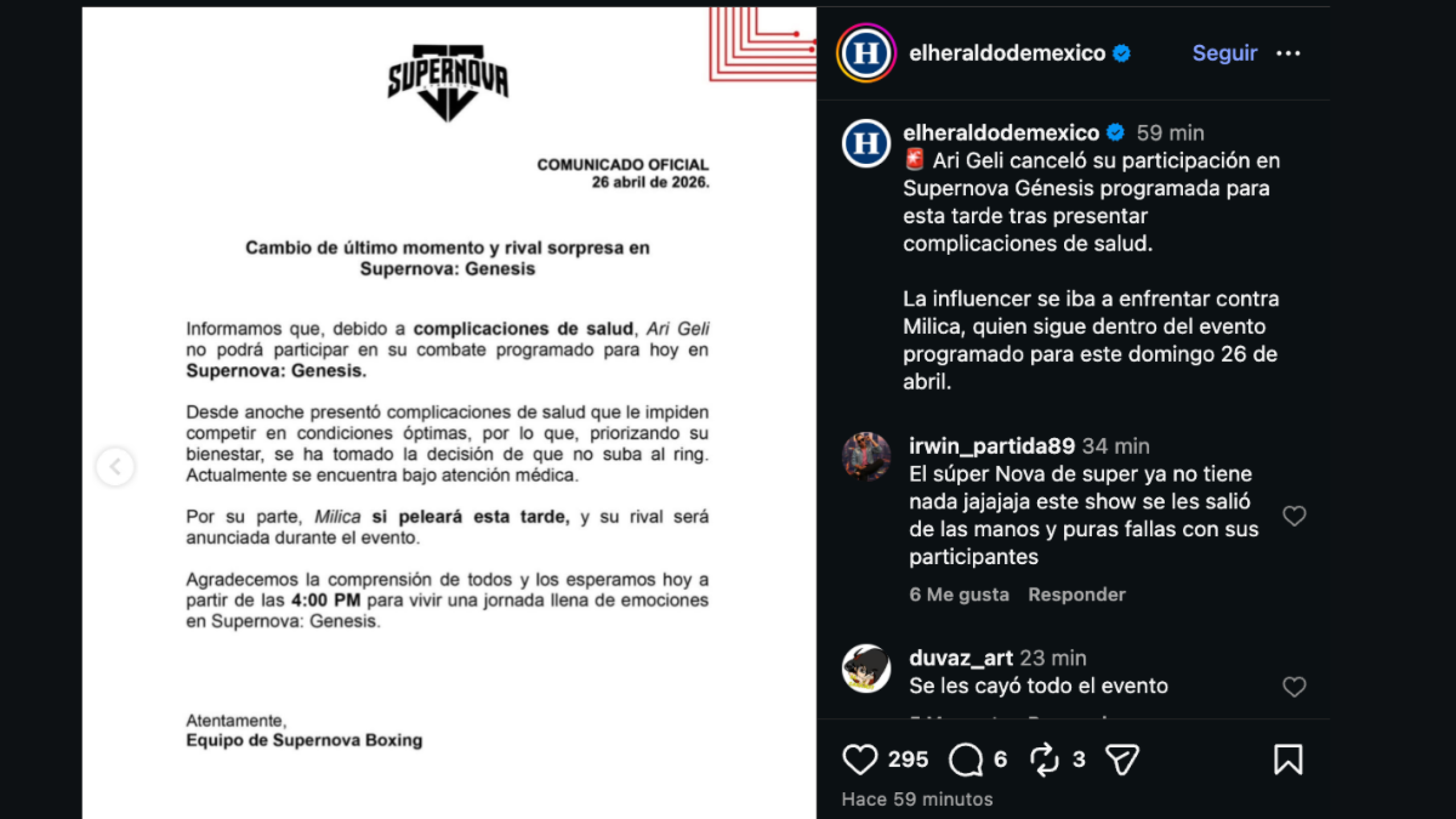 Ari Geli cancela participación en Supernova Génesis