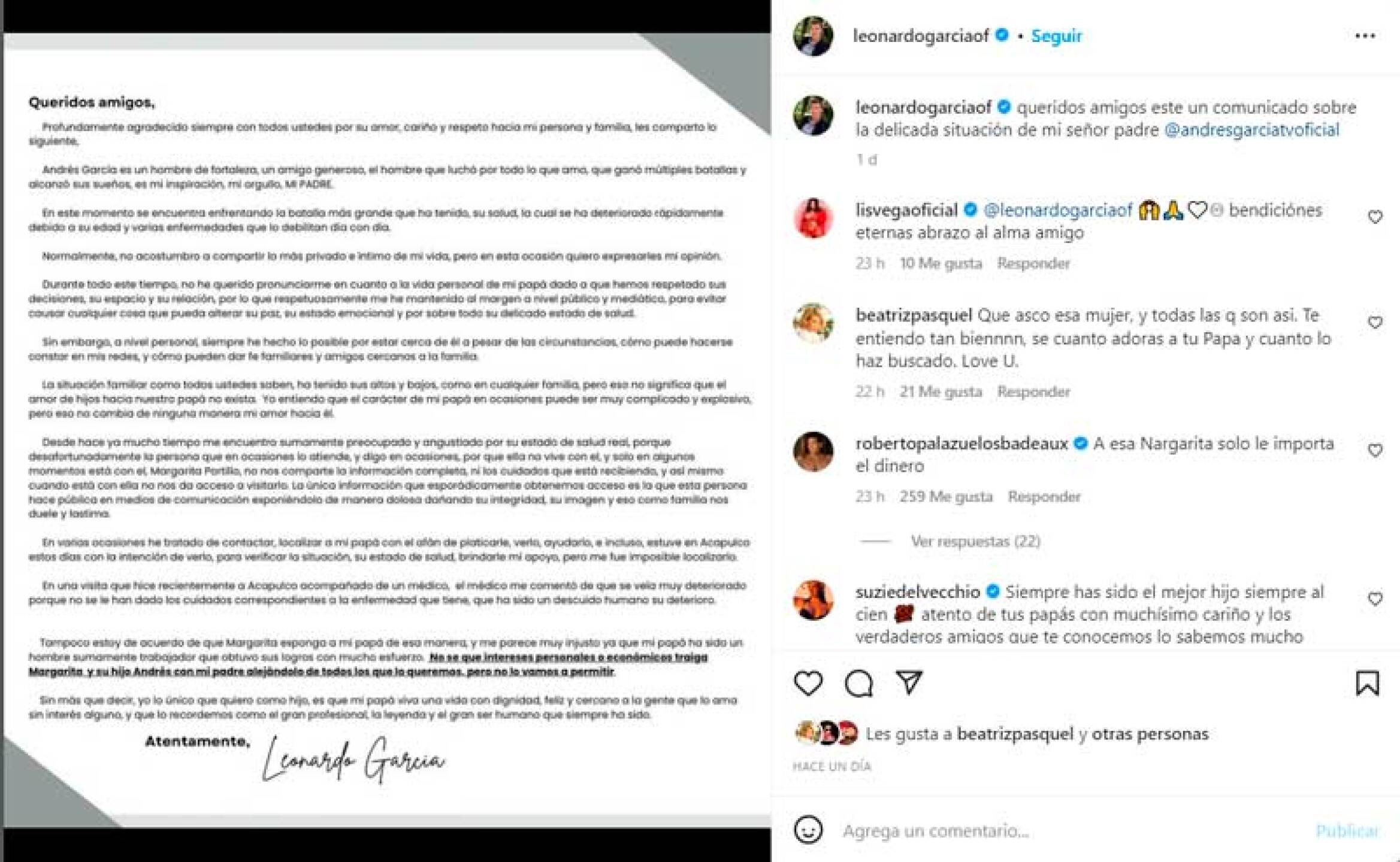 Andrés García le contesta a su hijo Leonardo y le pide que no se meta con su familia