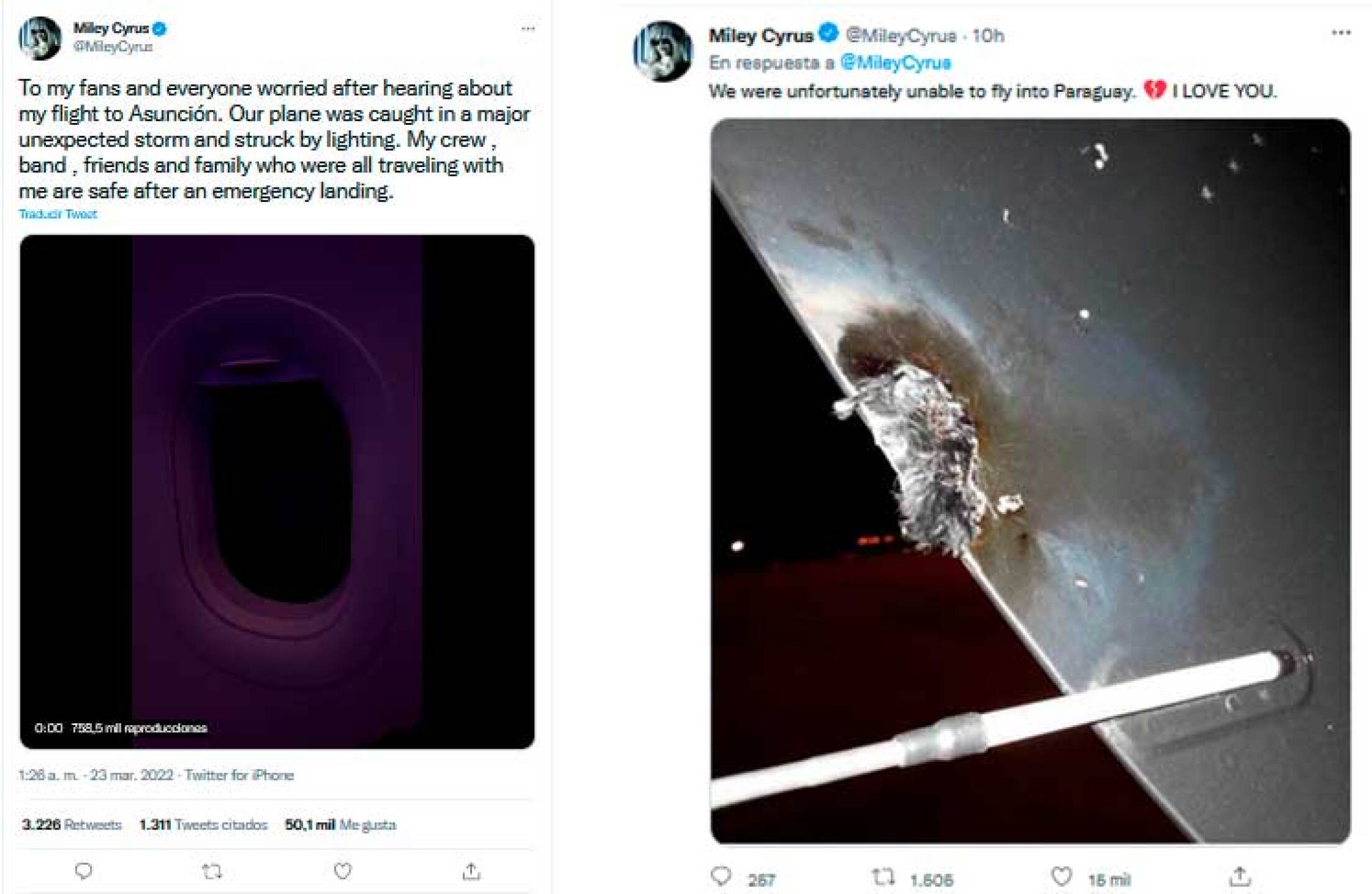 Avión de Miley Cyrus aterriza de emergencia tras el impacto de un rayo