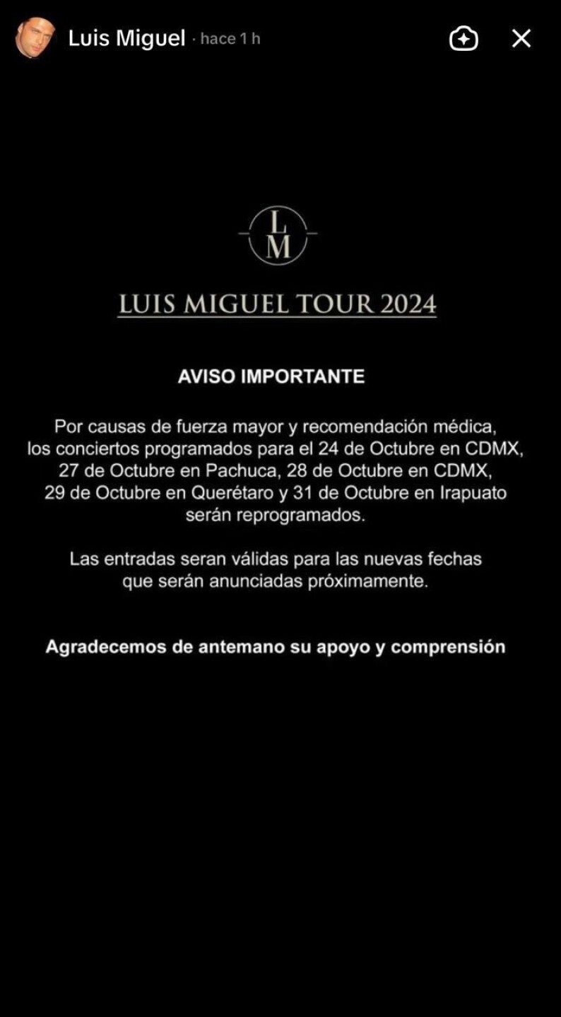 Comunicado Luis Miguel pospone conciertos, octubre 2024