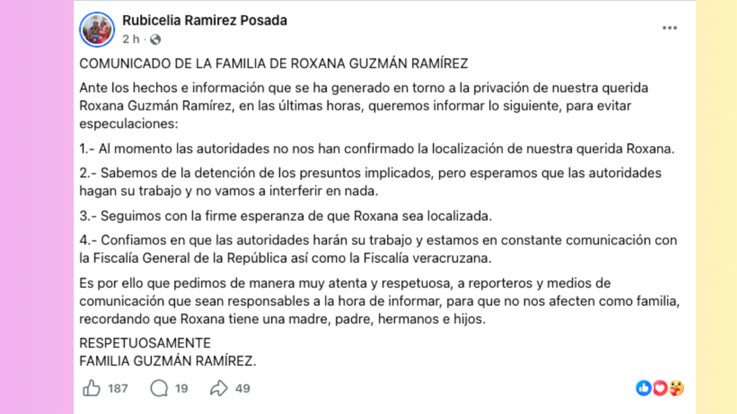 Comunicado familia de Roxana Guzmán: ¿Qué sucedió?