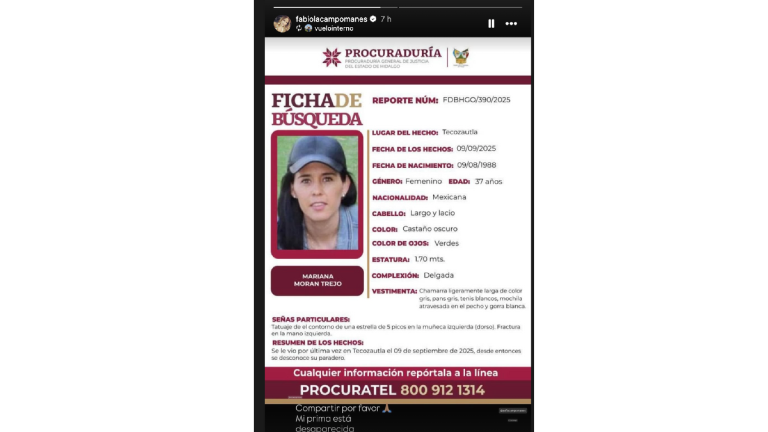 Fabiola Campomanes compartió el boletín de búsqueda