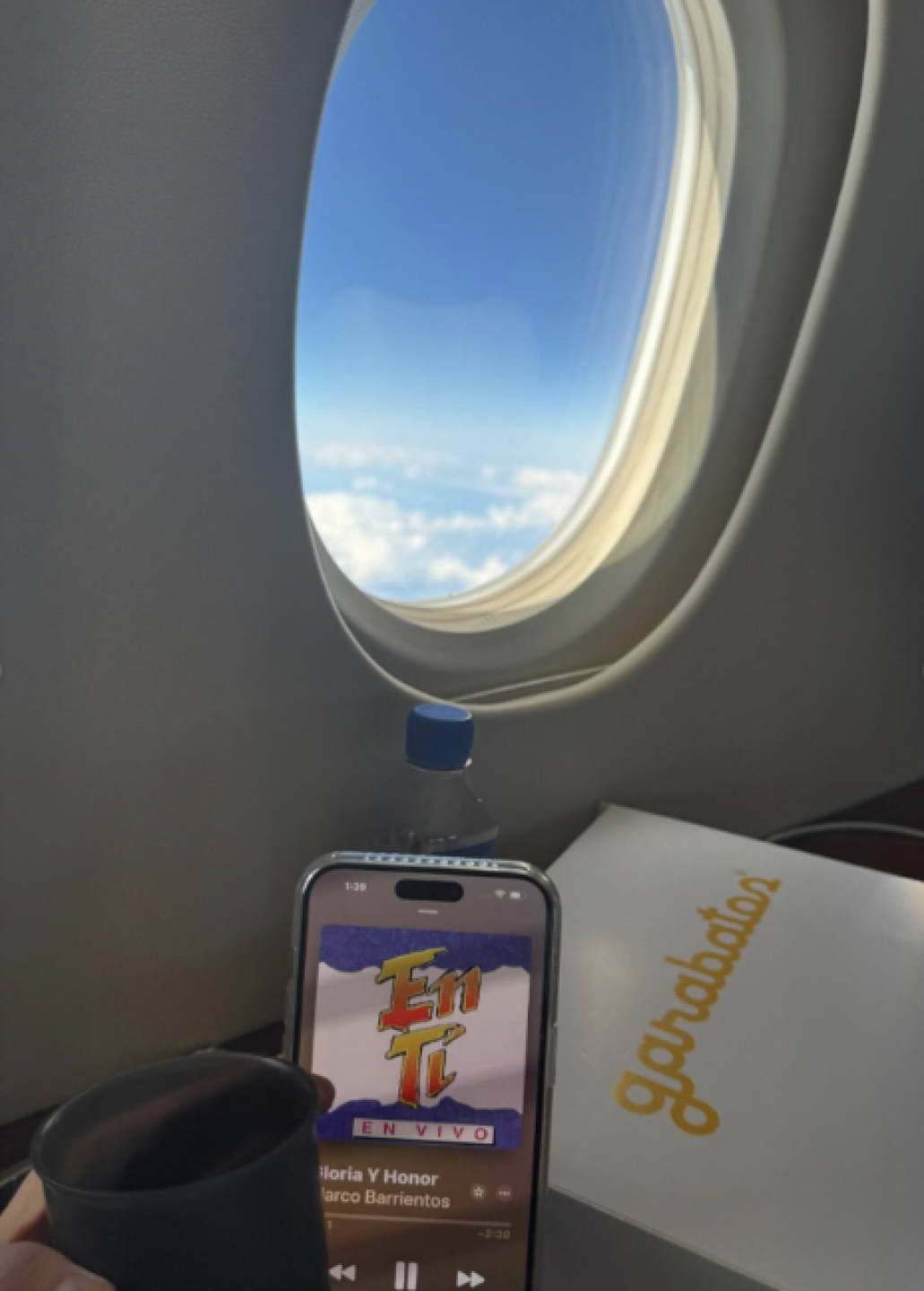 Thalía en el avión