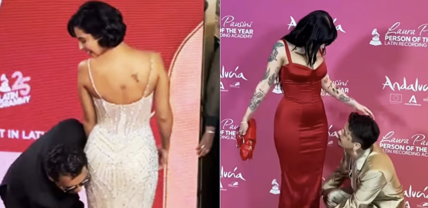 Christian Nodal arregla el vestido de  Cazzu y Ángela