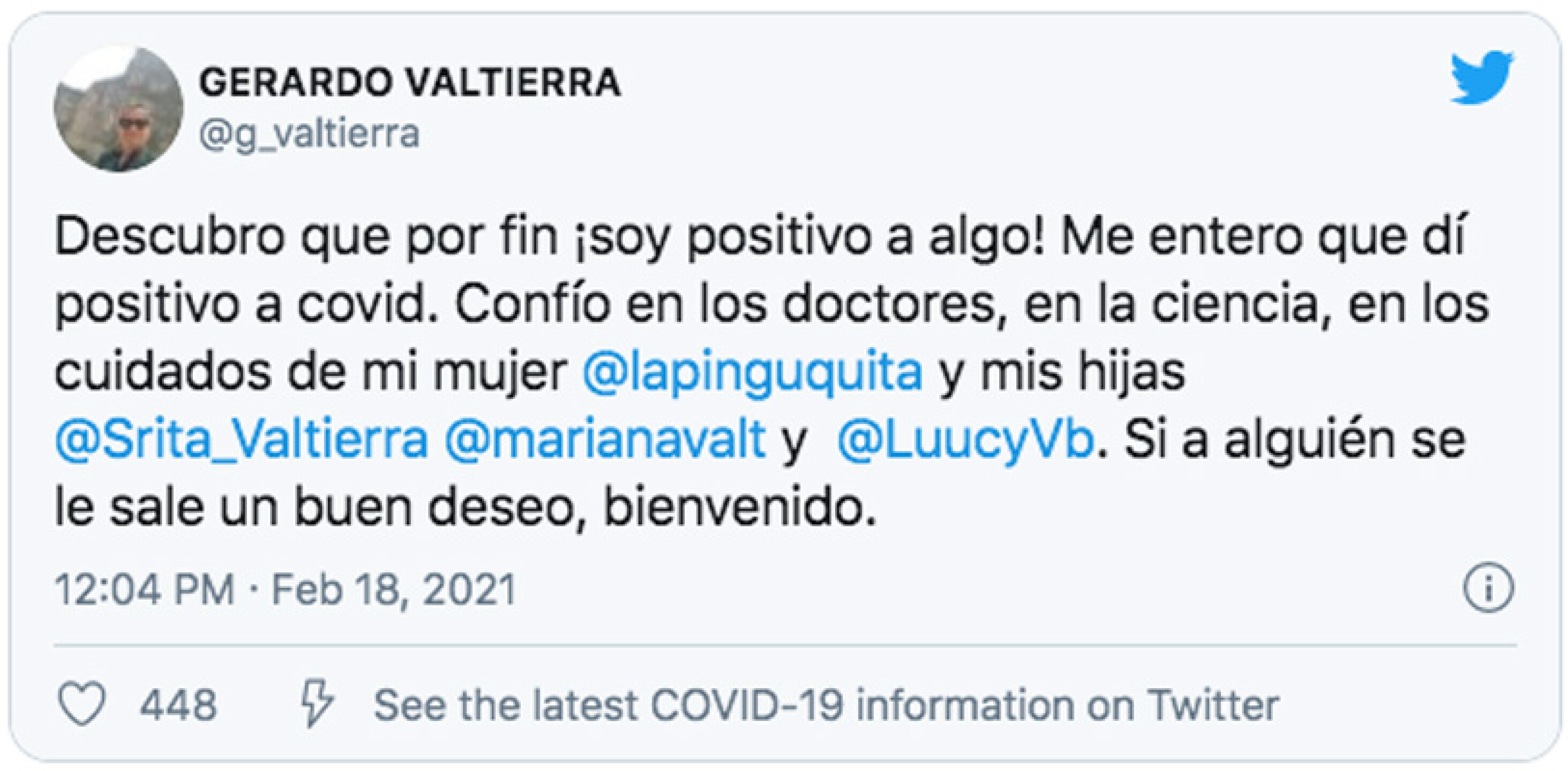 Gerardo Valtierra anunció hace seis días que resultó positivo