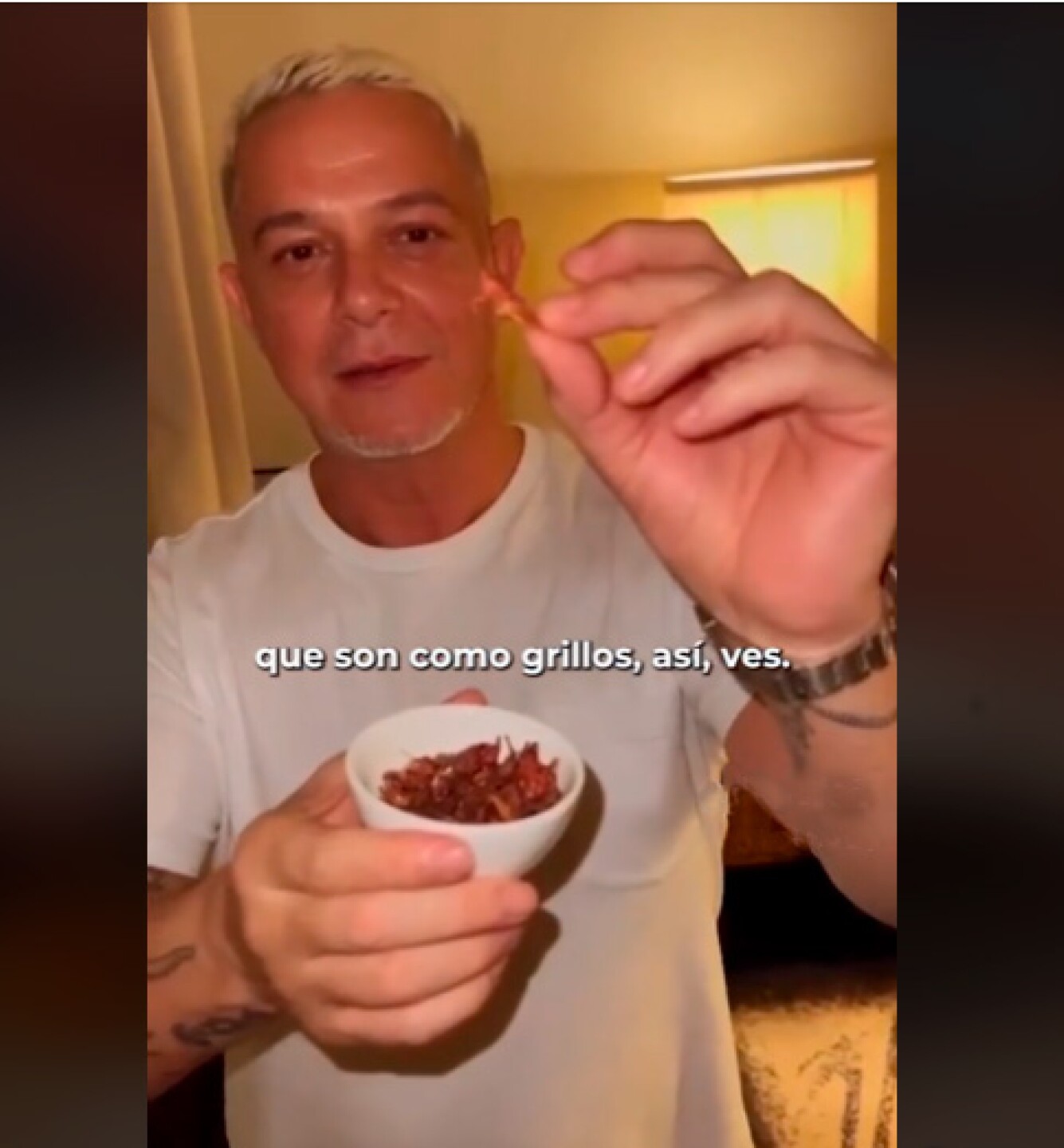 El intérprete explicó a sus fans cómo son los chapulines, mientras daba un bocado