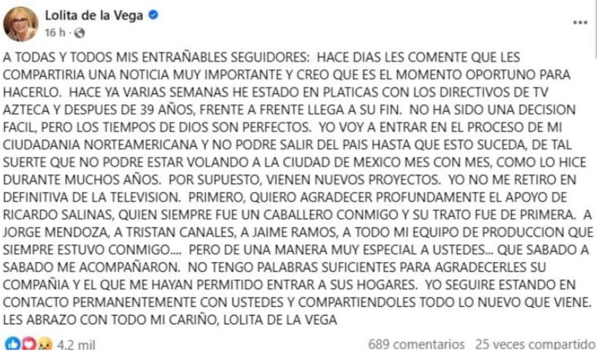 Lolita De la Vega despedida