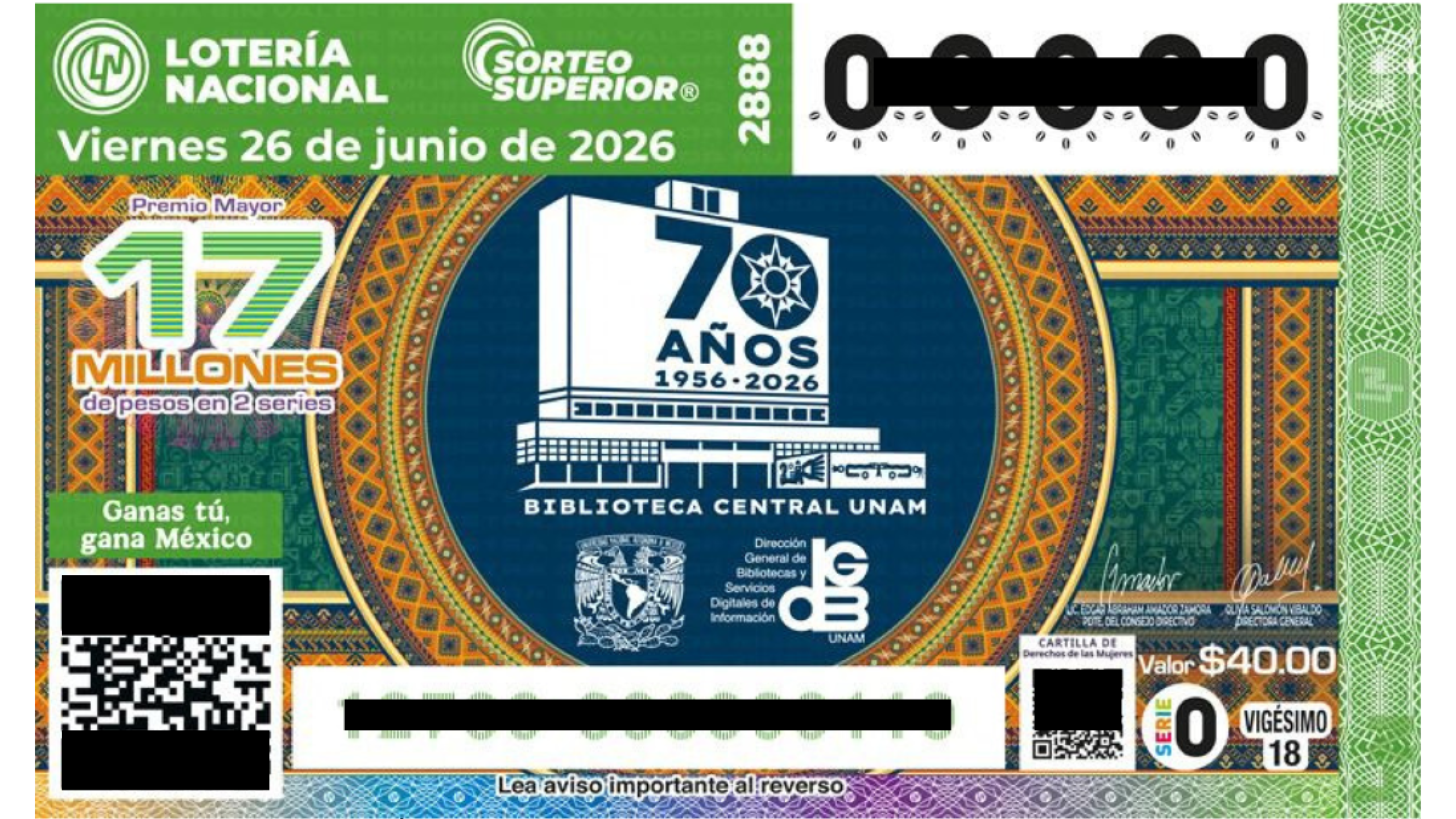 Billete conmemorativo de la Lotería Nacional de la Biblioteca Central de la UNAM