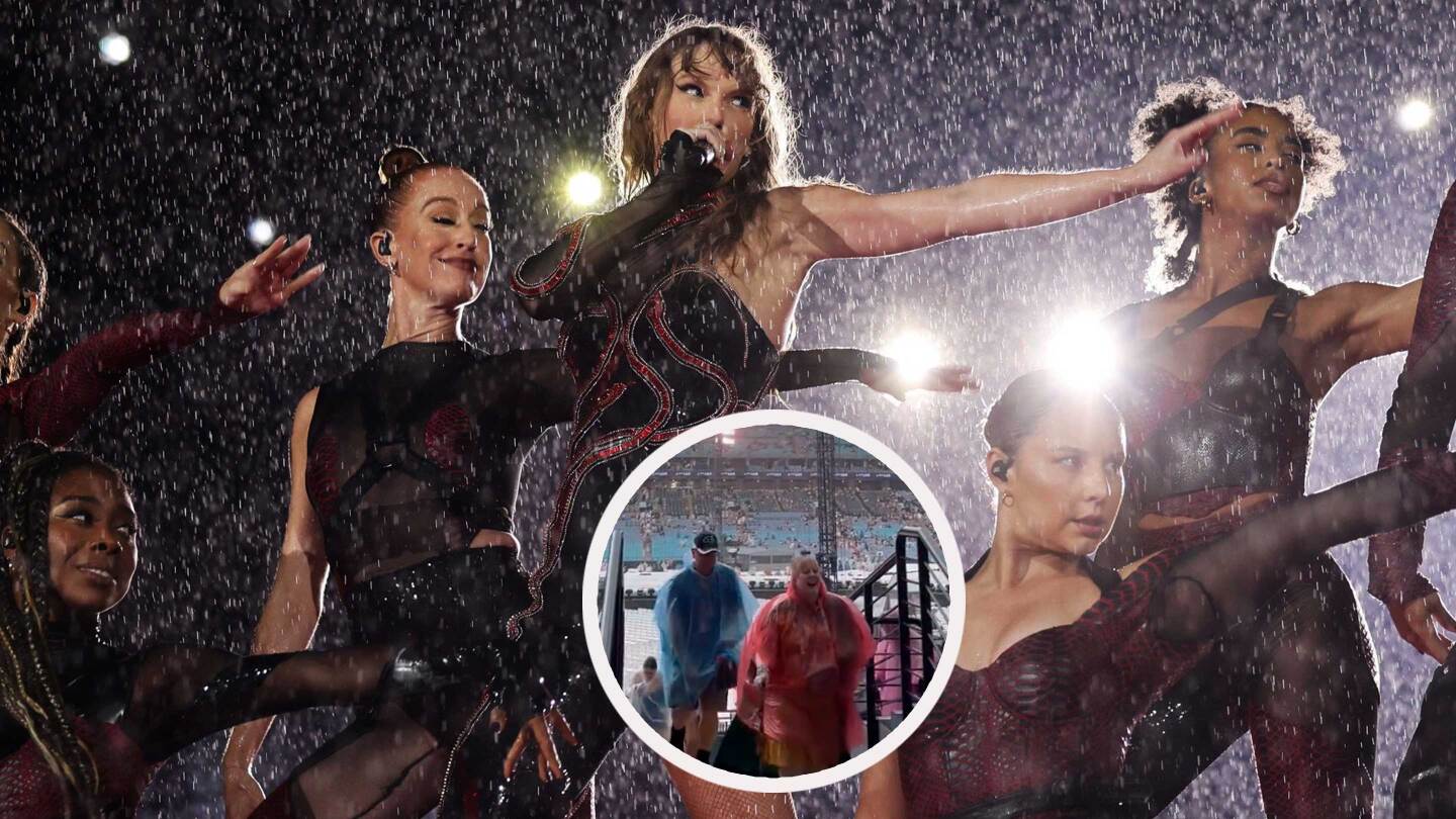 Taylor Swift en el escenario baila bajo la tormenta