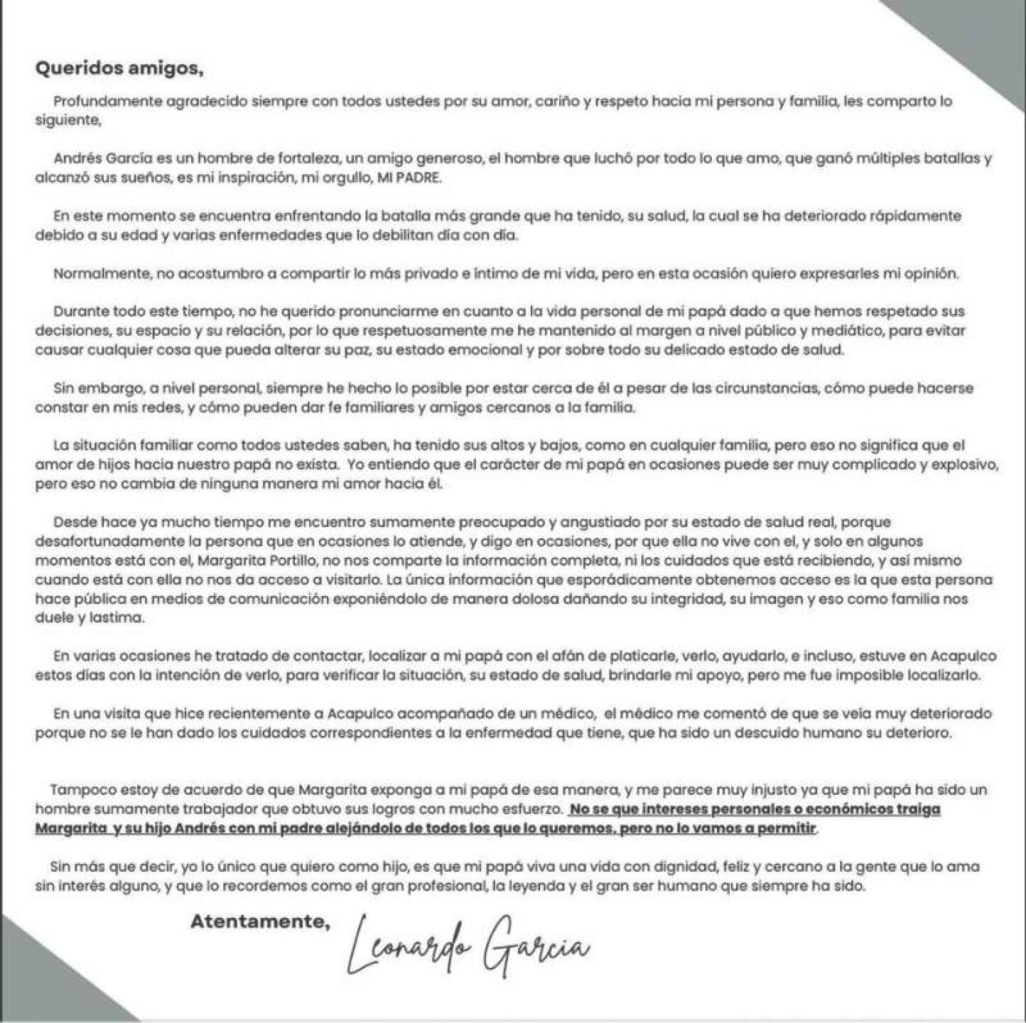 Hijos de Andrés García dicen que, supuestamente, Margarita lo controla con drogas y brujería