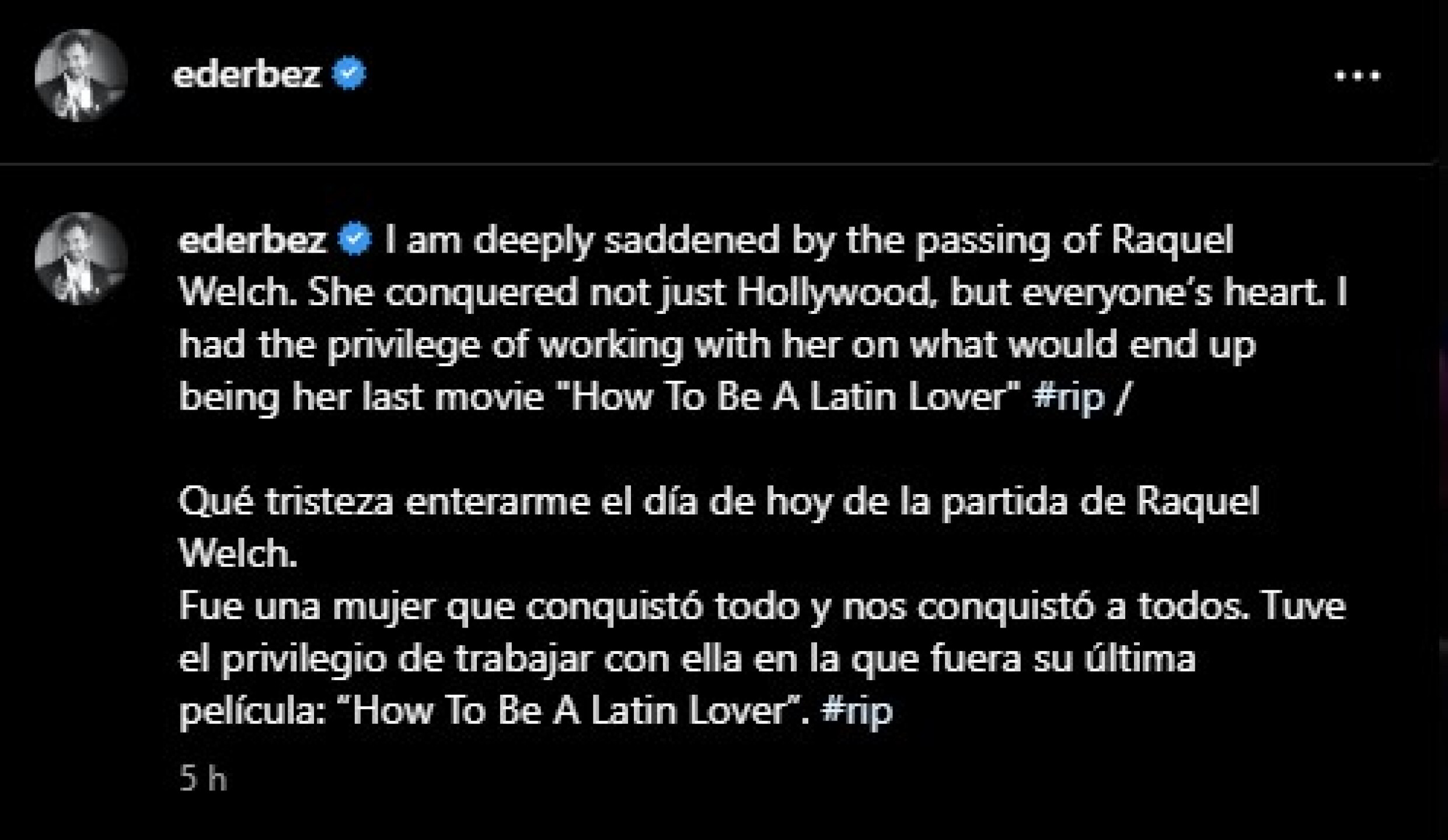 Raquel Welch: Eugenio Derbez lamenta la muerte de la actriz