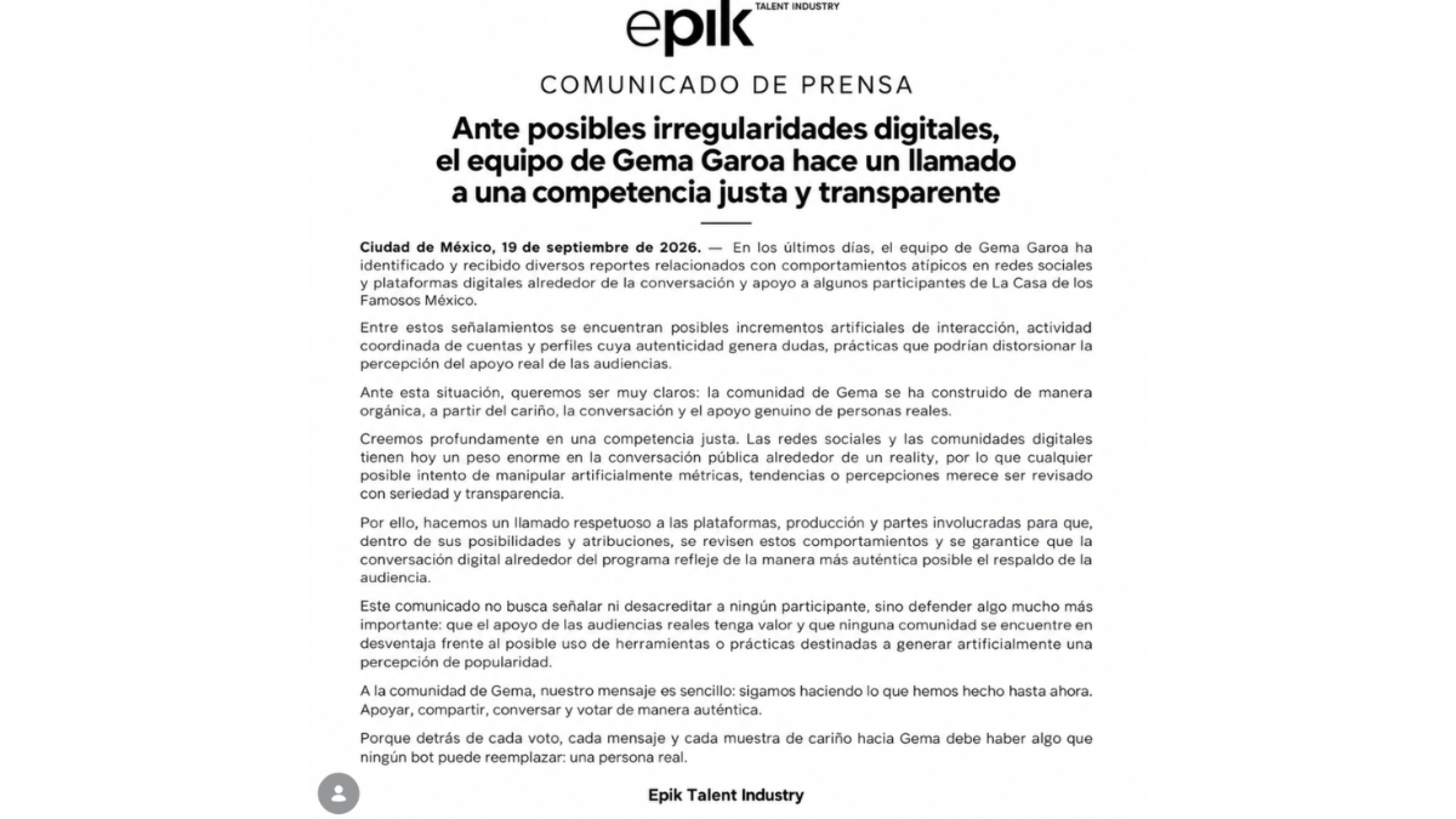 Comunicado del equipo de Gema Garoa