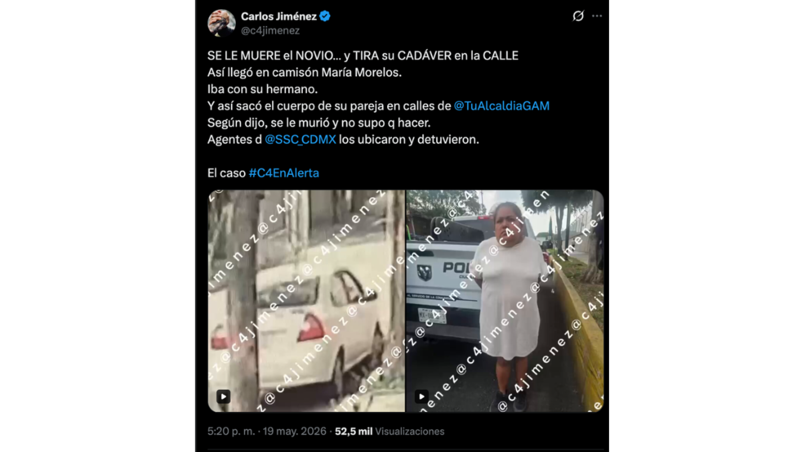 Mujer abandona a su novio muerto en la vía pública en GAM