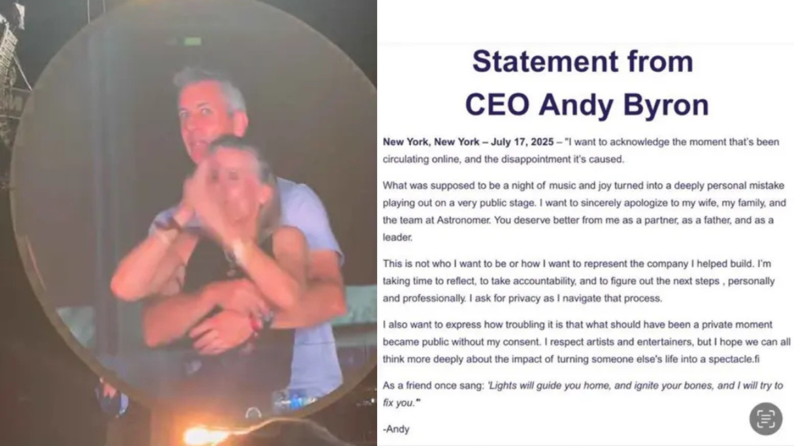 Andy Byron decidió emitir una declaración pública, donde admite el error y se disculpa con su esposa, su familia y sus empleados.