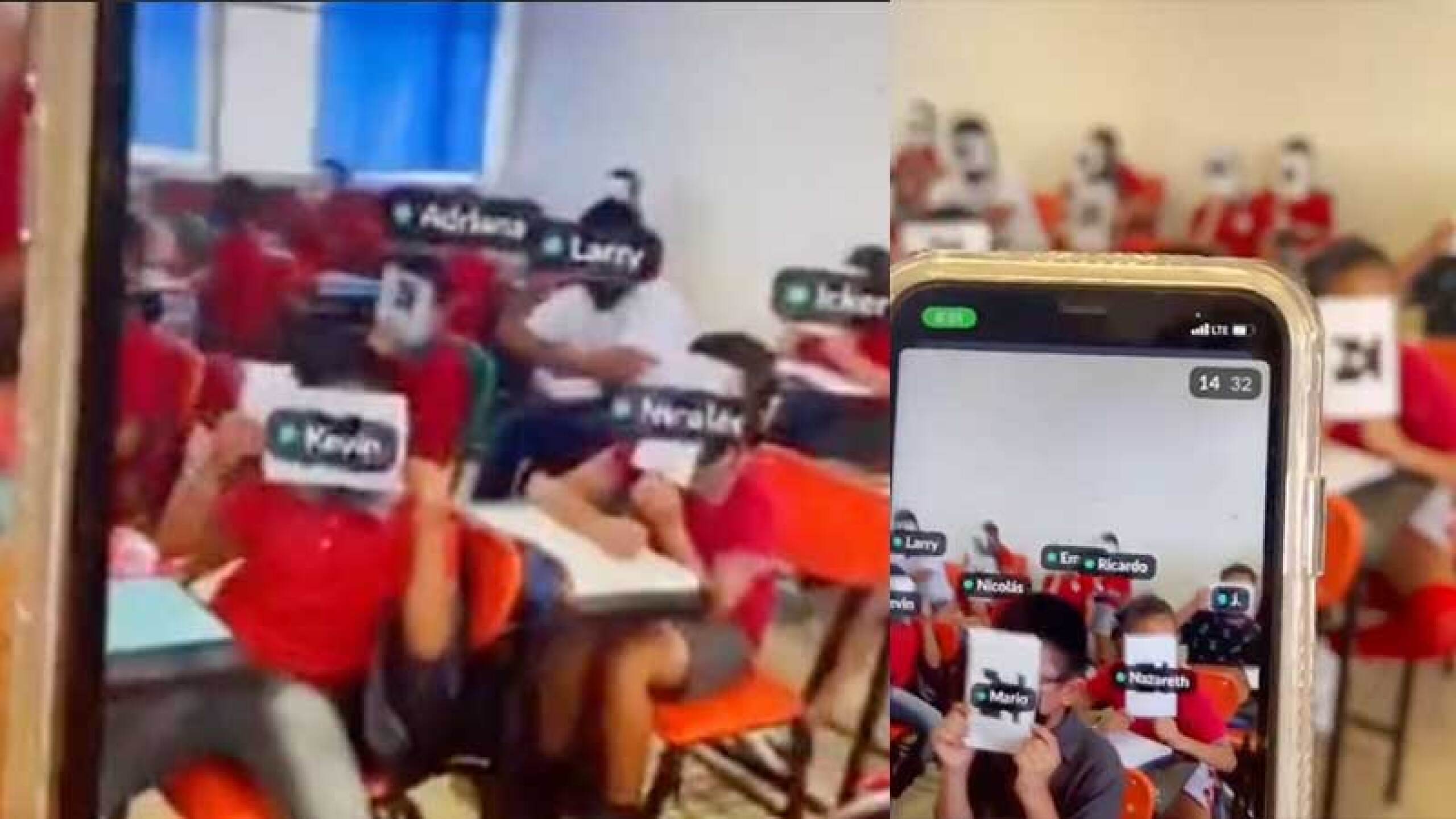 La maestra escanéa los códigos con el telefono y se registra en su computadora