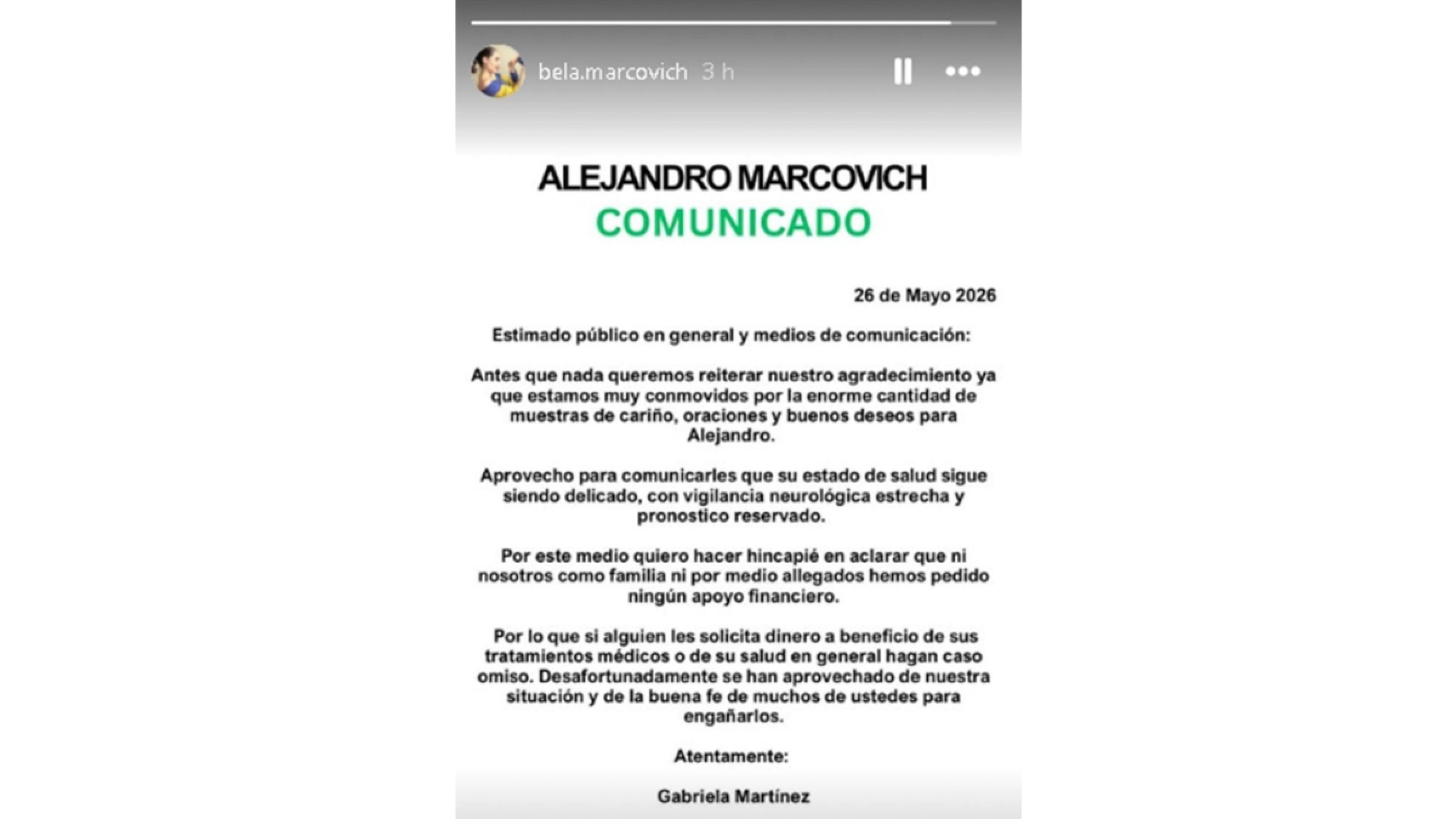 Comunicado de familia de Alejandro Marcovich