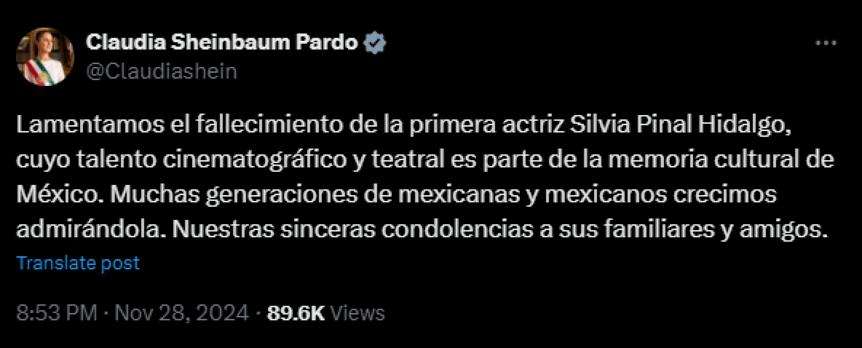 Claudia Sheinbaum se despide de Silvia Pinal