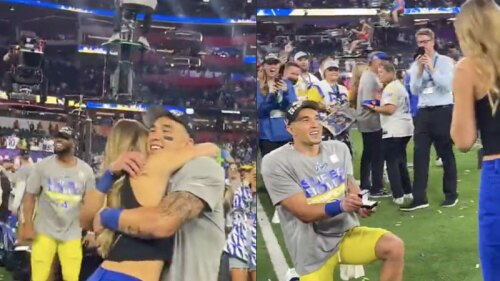Jugador de Los Ángeles Rams le pide matrimonio a su novia en la cancha luego de ganar el Super Bowl.