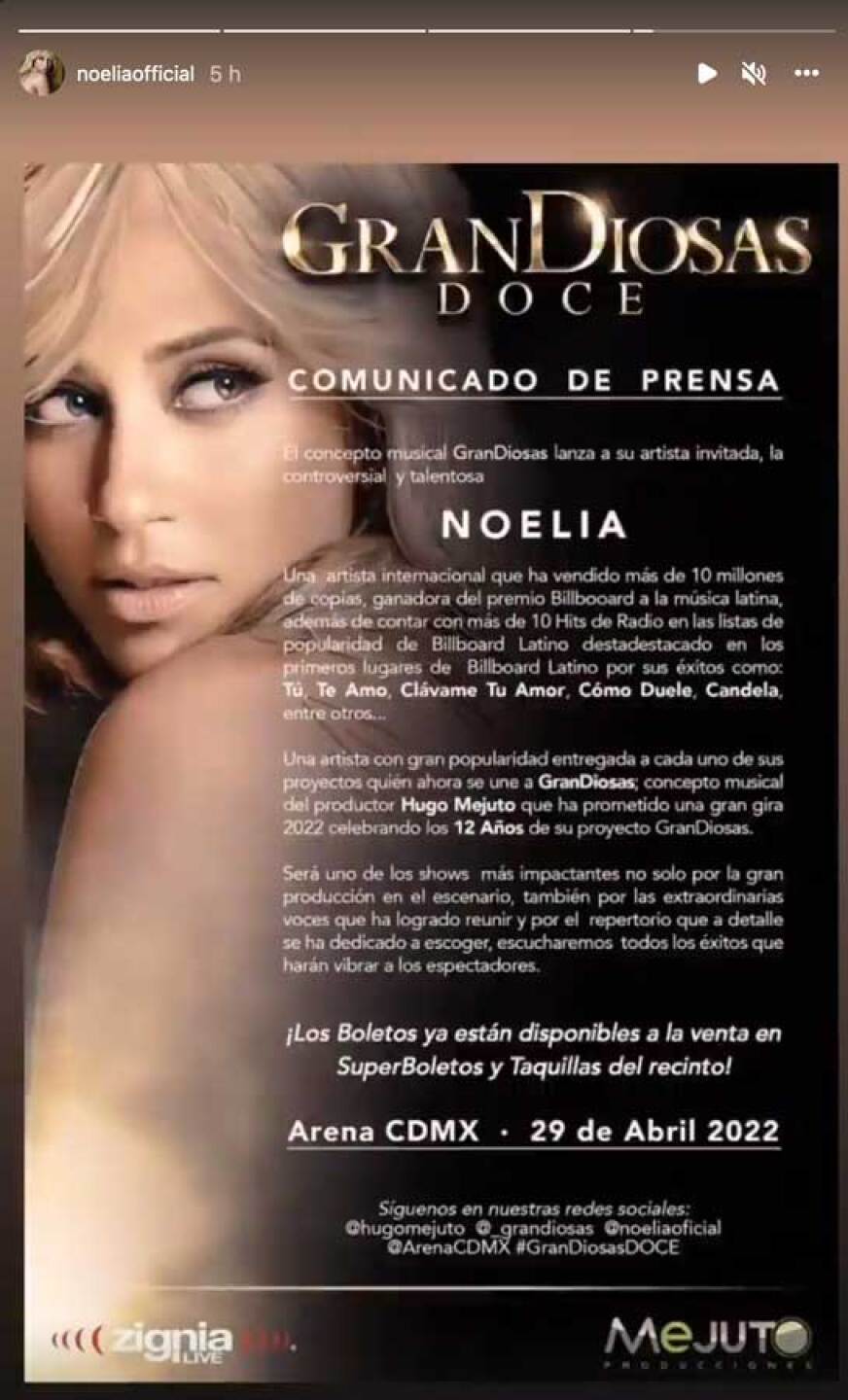 Noelia anuncia conciertos en México