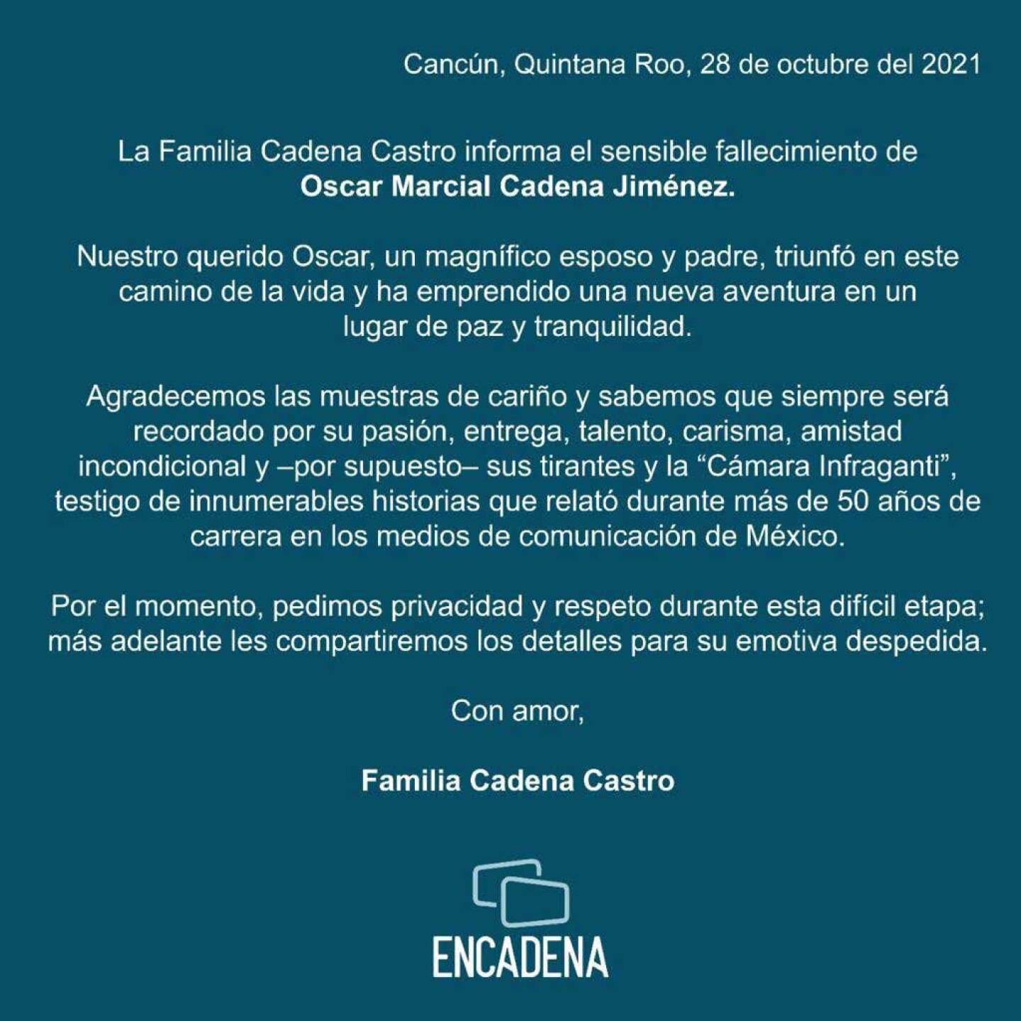 Fallece Oscar Cadena, cámara infraganti, qepd